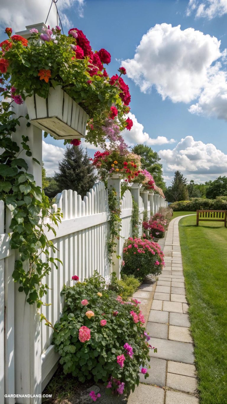 white fence ideas Hanging flower boxes along the top