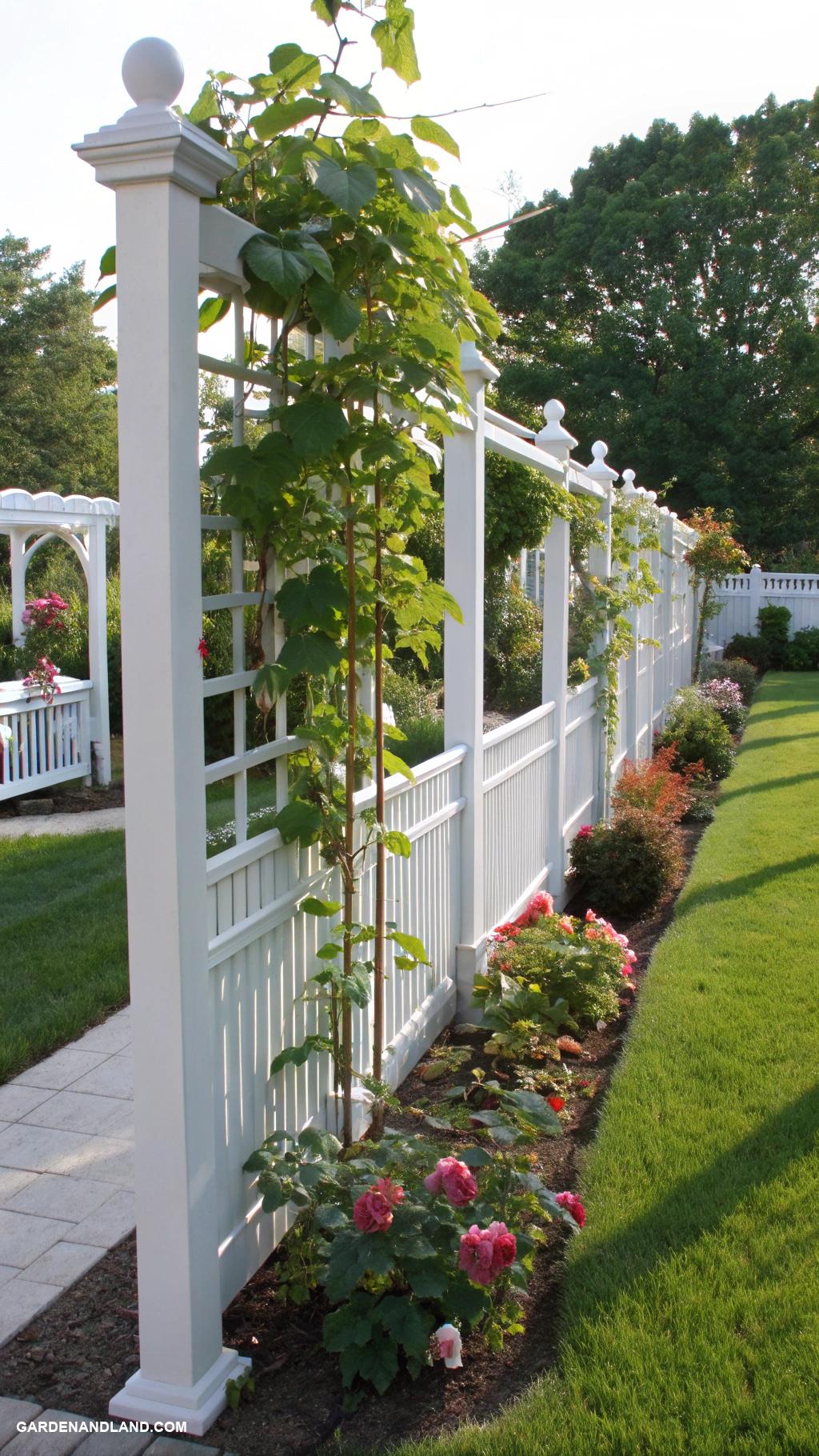 white fence ideas PVC pipe trellises attached to fence