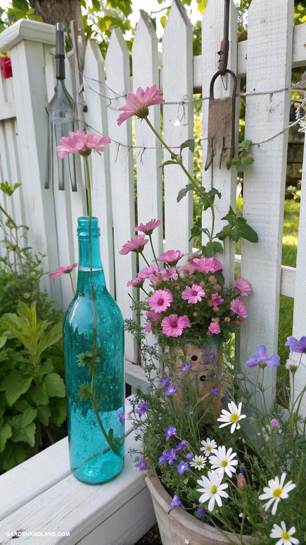 white fence ideas Recycled glass bottle accents for color