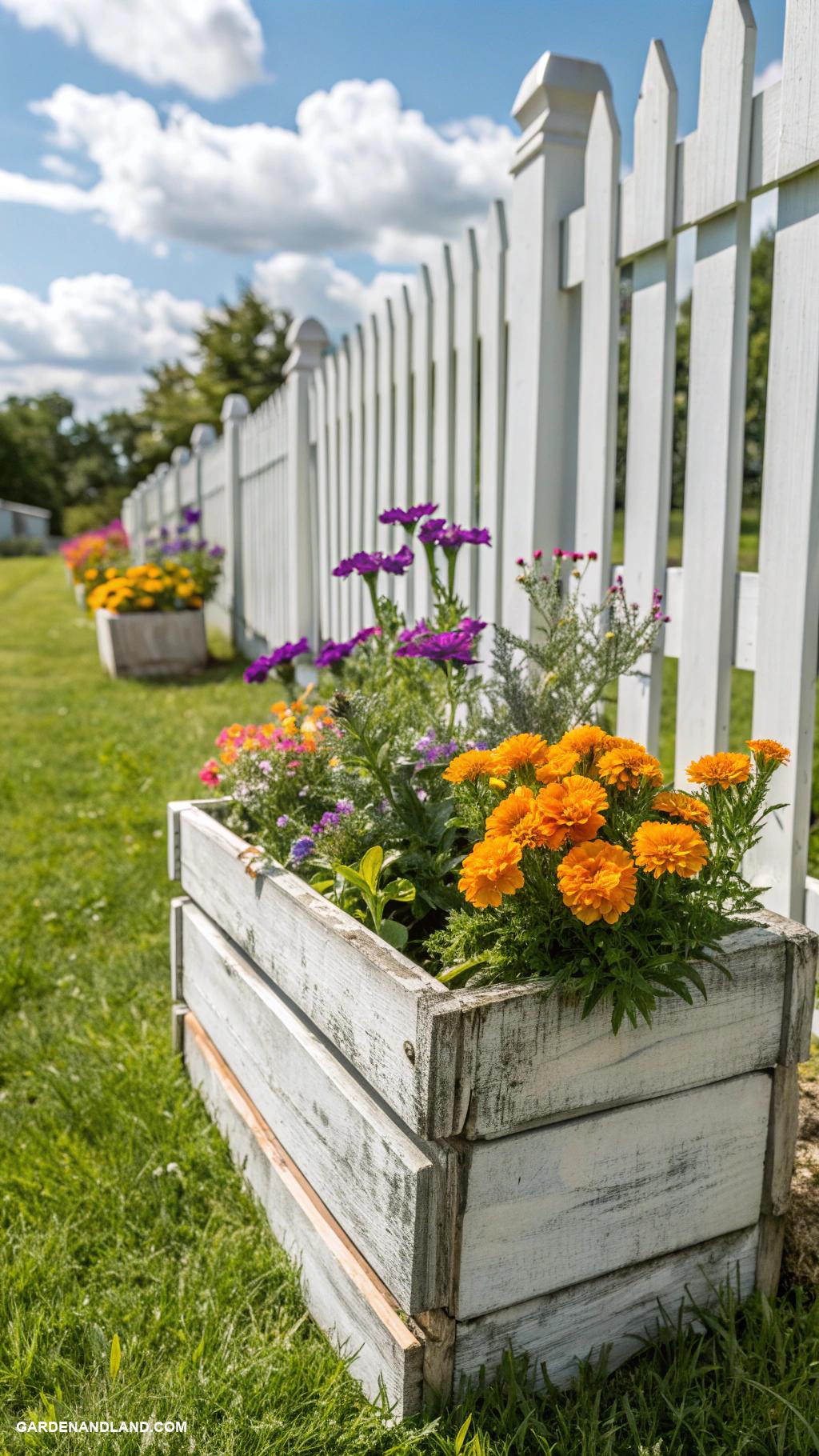 white fence ideas Rustic wooden planter boxes integrated