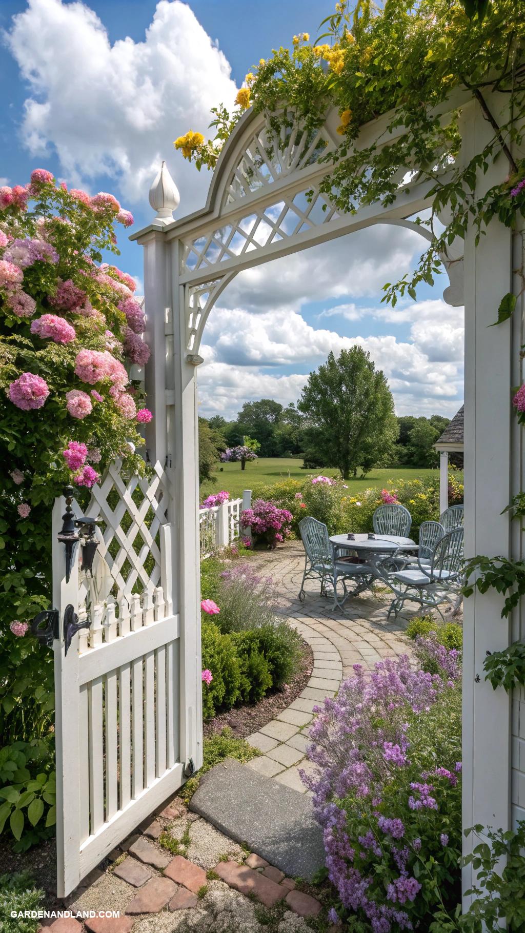 white fence ideas Swinging garden gate with lattice accents