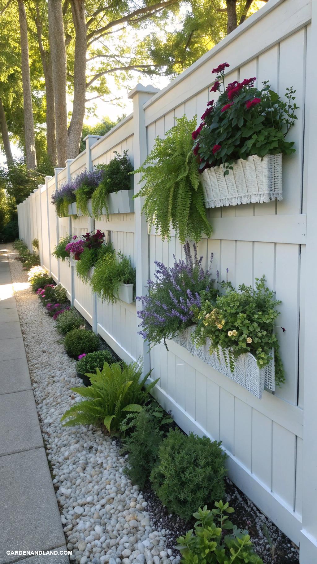 white fence ideas Vertical garden pockets on white fence