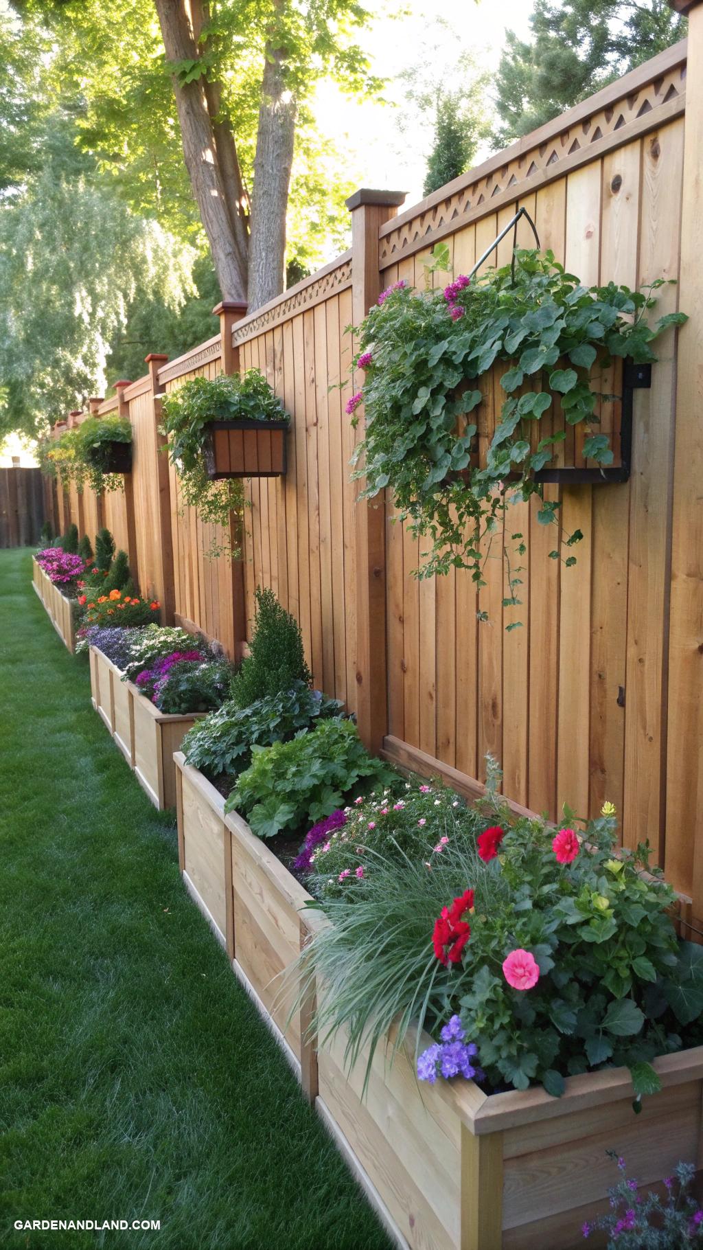 wood fence ideas Cedar fence with integrated planter boxes
