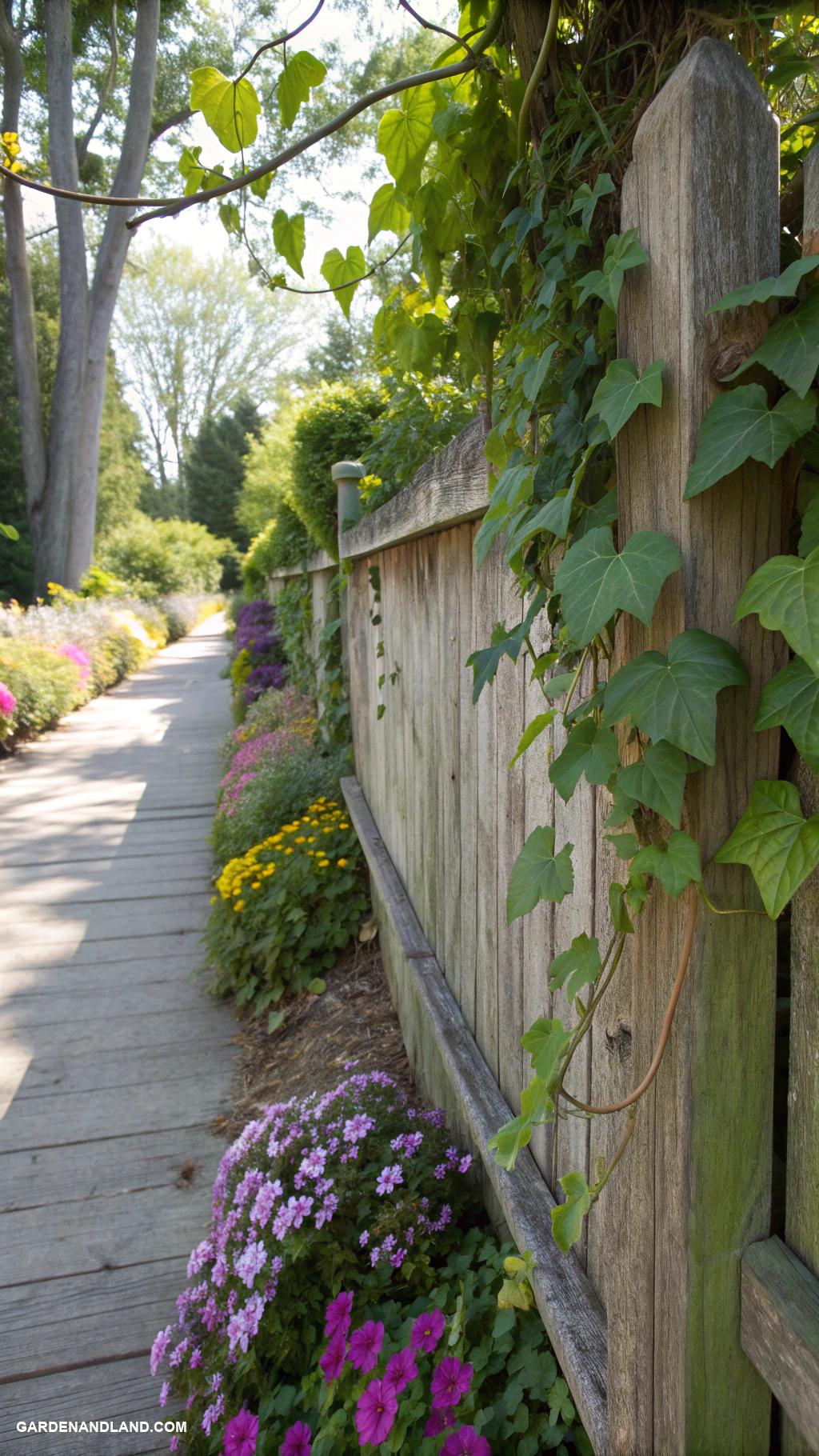 wood fence ideas Weathered wood with climbing plants
