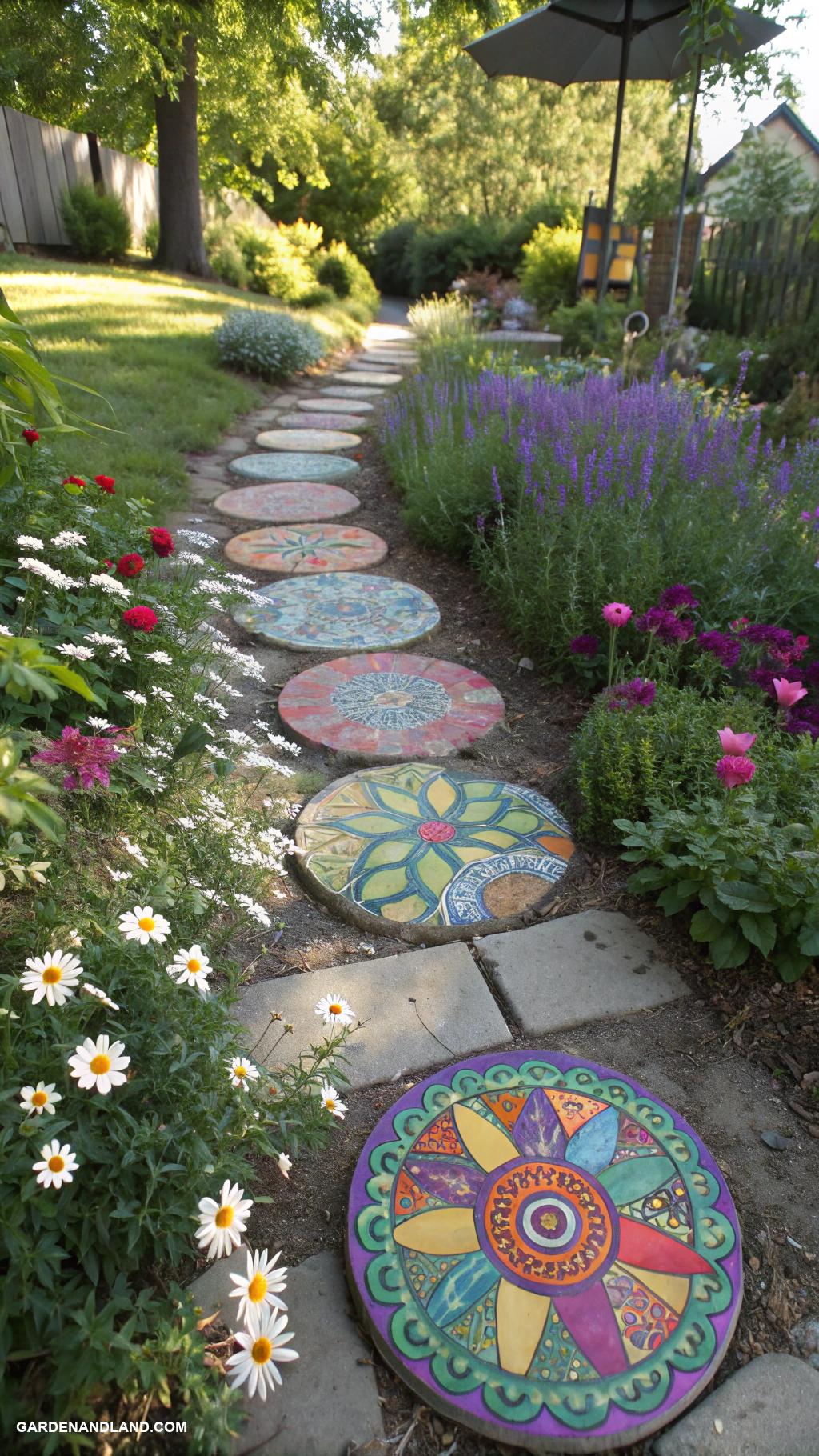 backyard garden ideas Colorful mosaic stepping stones for pathways