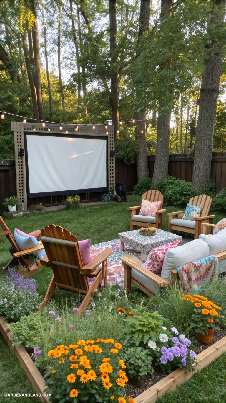 backyard garden ideas Outdoor movie area with garden seating