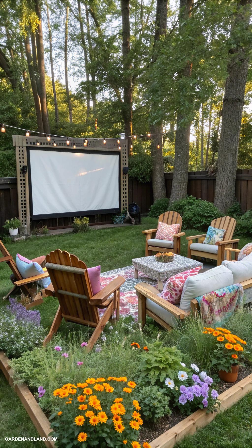 backyard garden ideas Outdoor movie area with garden seating