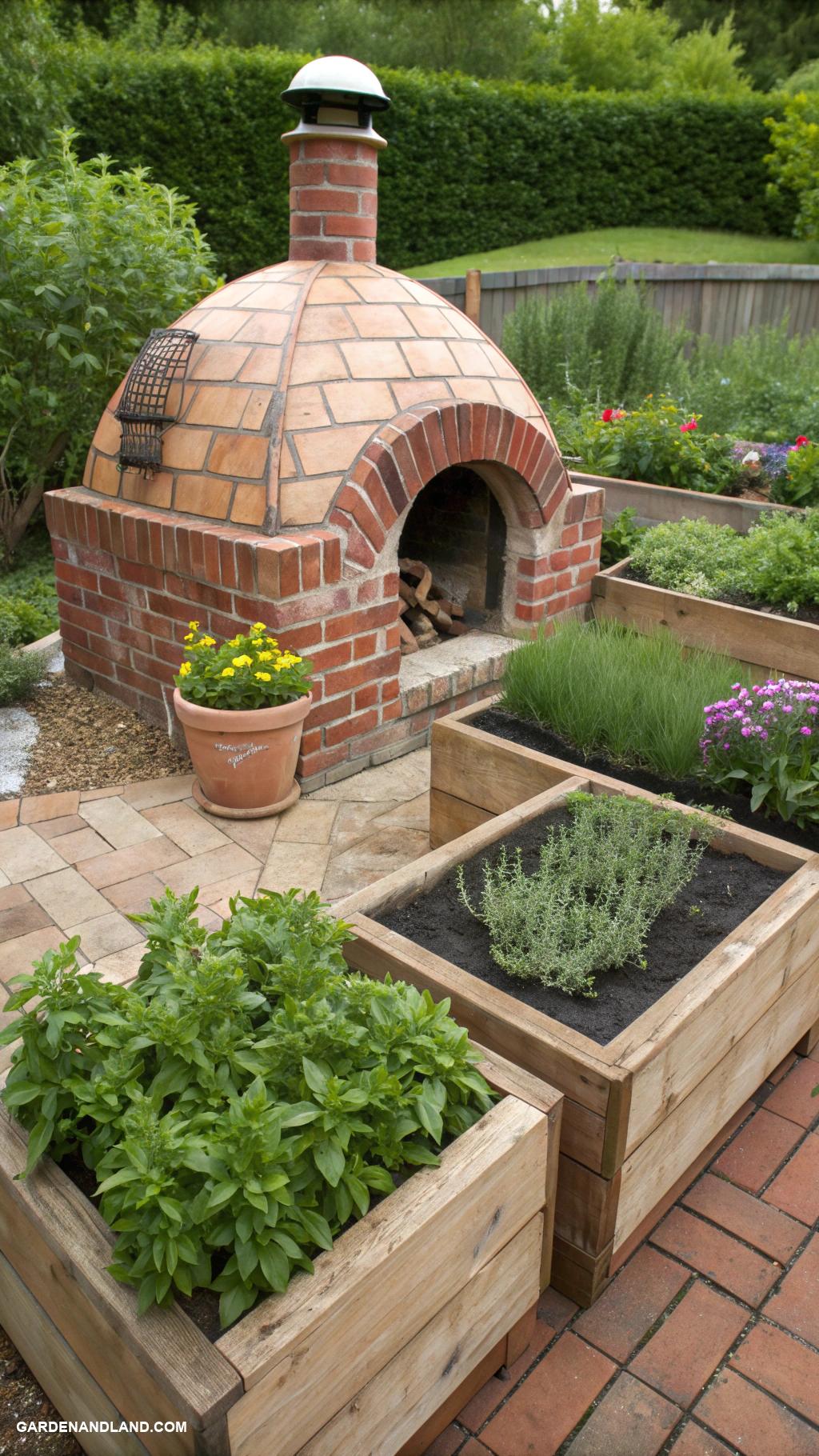 backyard outdoor kitchen Brick pizza oven with herb garden backdrop