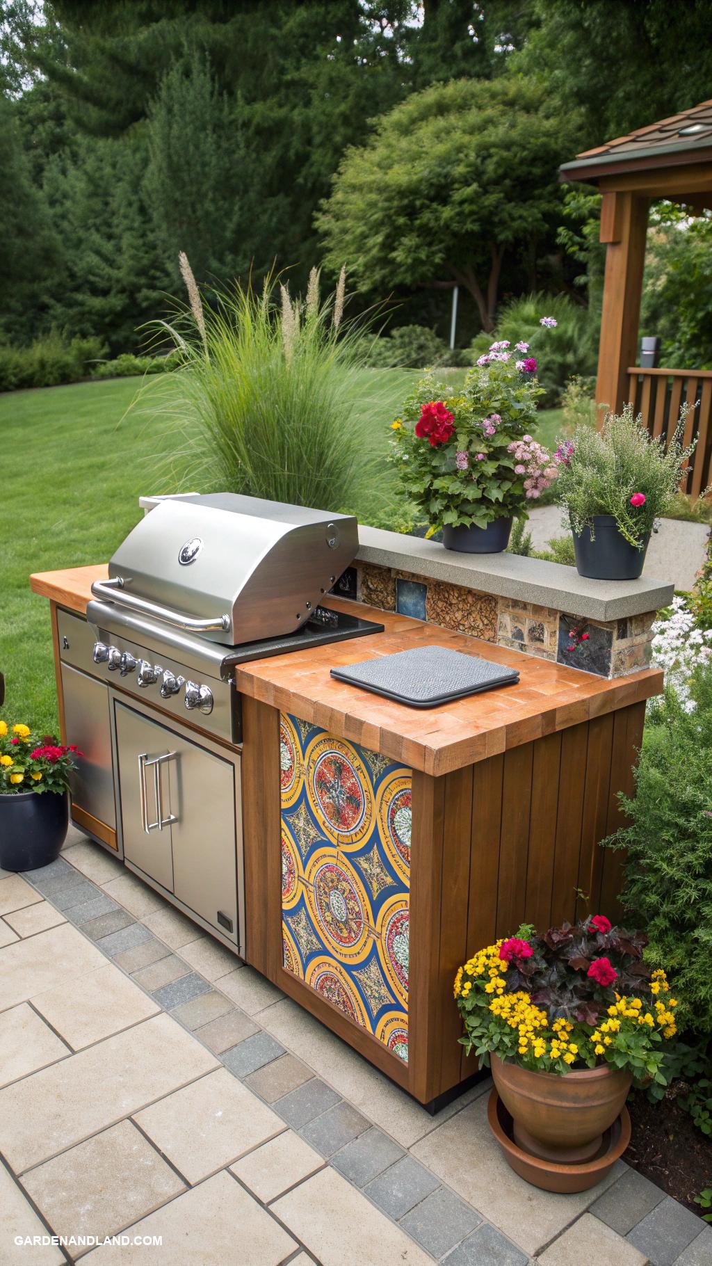 backyard outdoor kitchen Compact grill station with colorful tile accents
