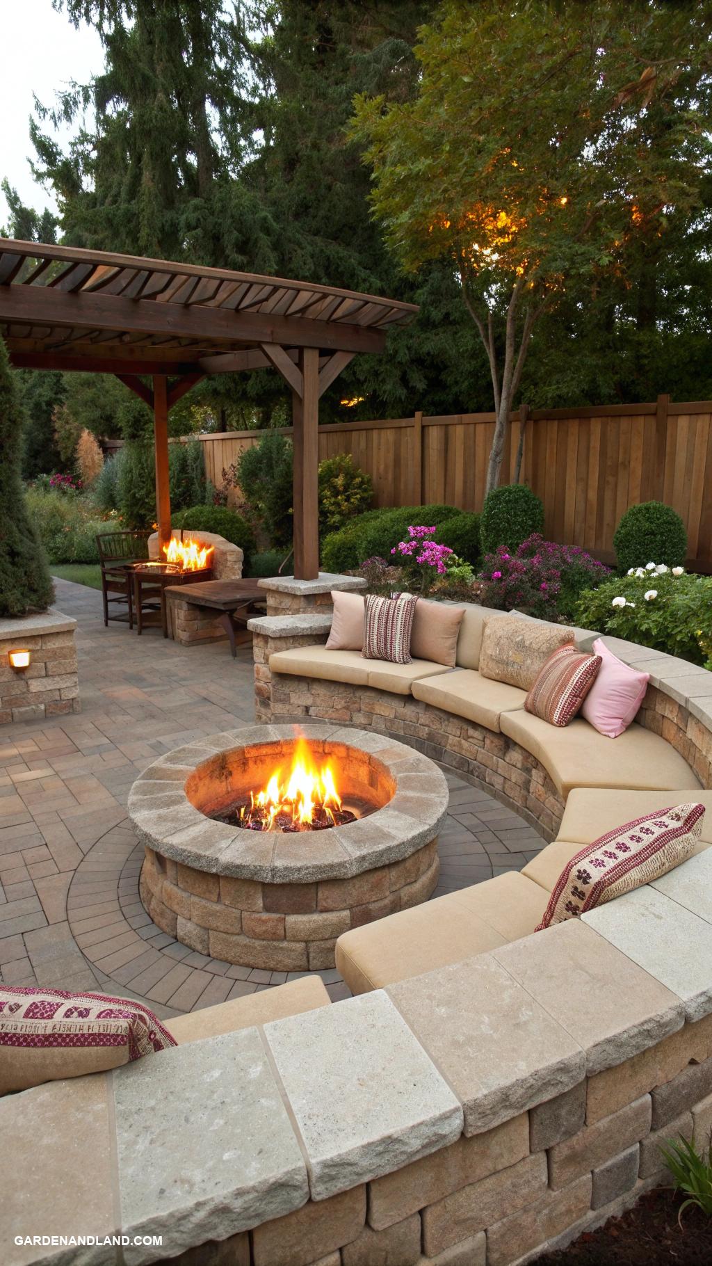 backyard outdoor kitchen Cozy fire pit with integrated seating