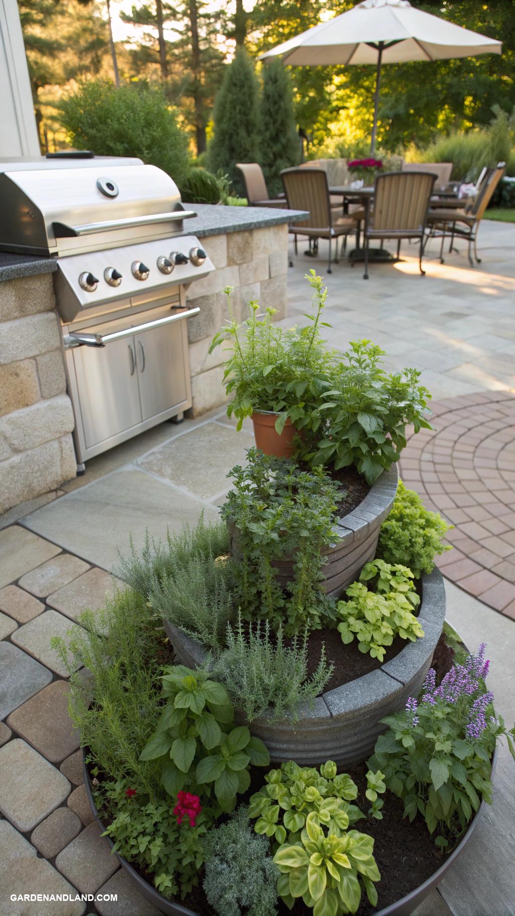 backyard outdoor kitchen Mini herb spiral beside grill for freshness