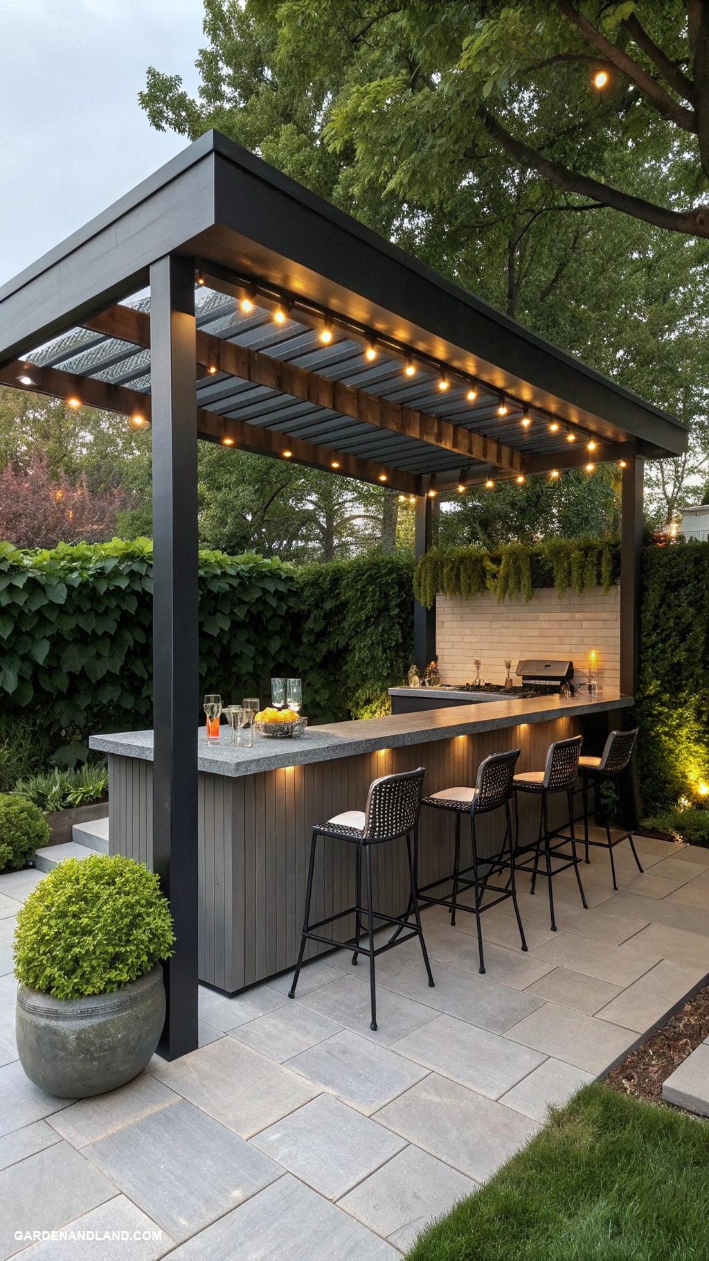 backyard outdoor kitchen Modern pergola with outdoor bar and stools