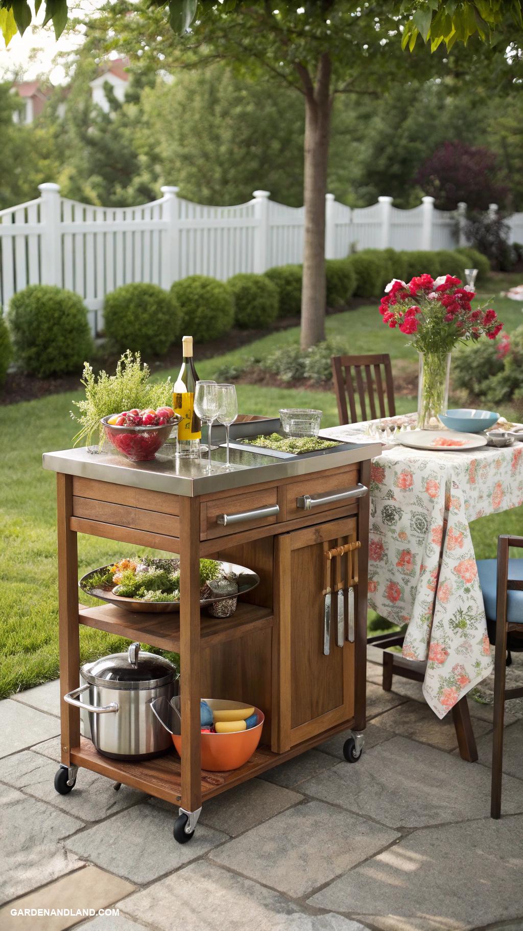 backyard outdoor kitchen Portable kitchen cart with outdoor dining area