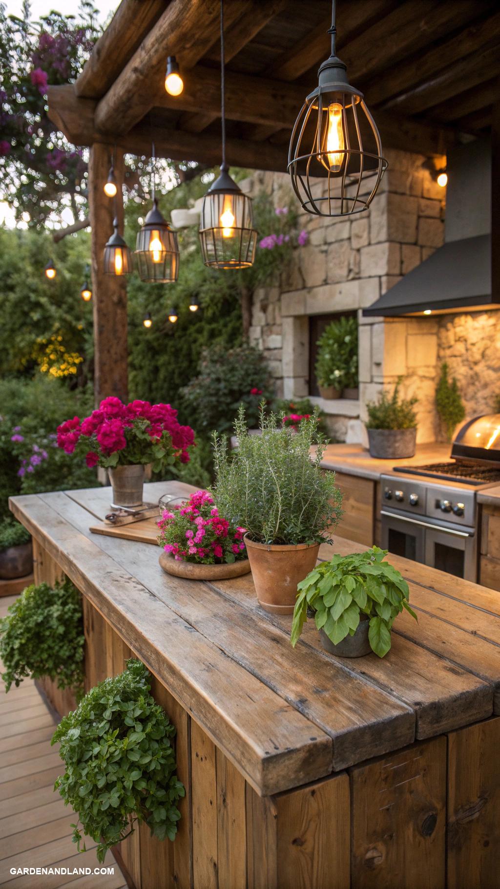 backyard outdoor kitchen Rustic wooden countertop with hanging lights