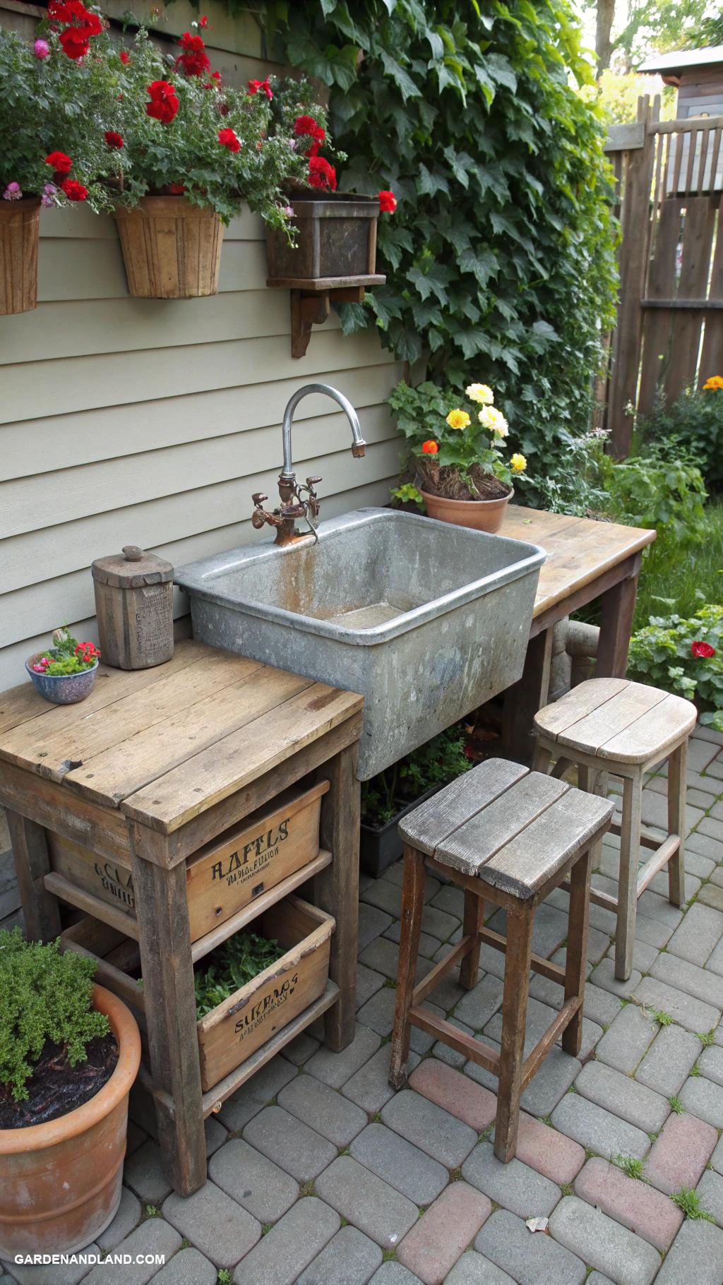 backyard outdoor kitchen Vintage steel sink with repurposed furniture