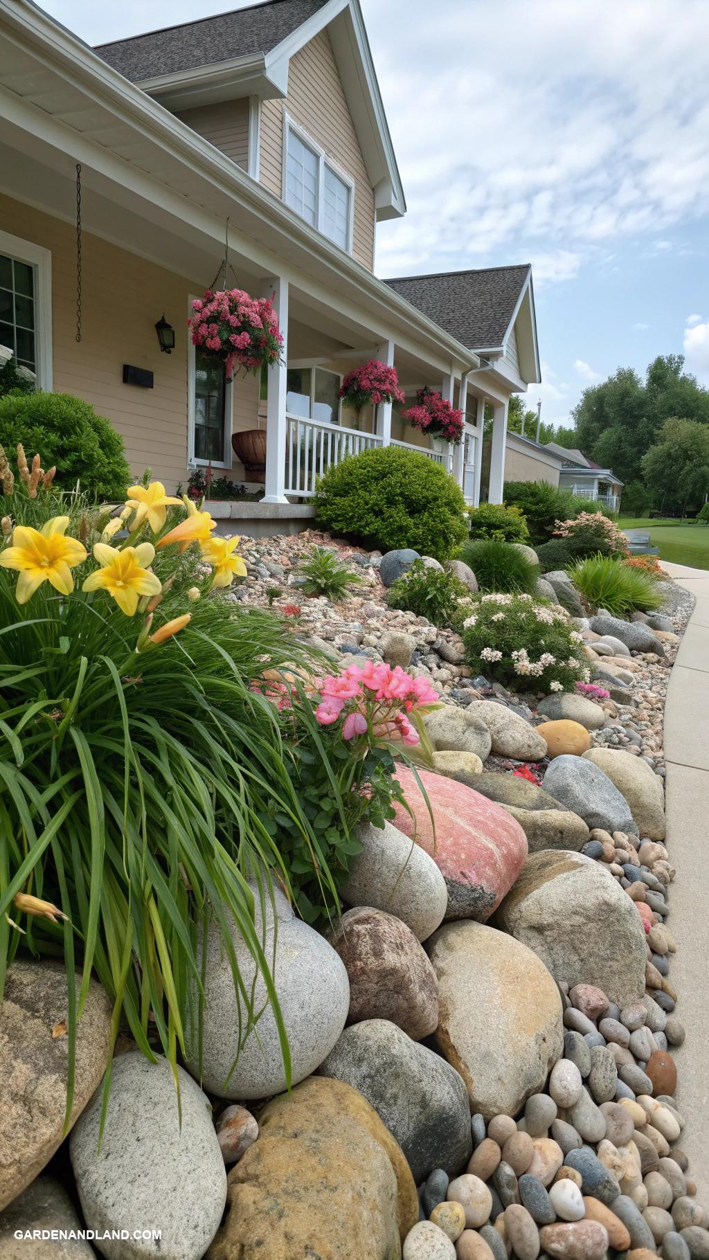bushes in front of house Decorative rock garden with bush accents