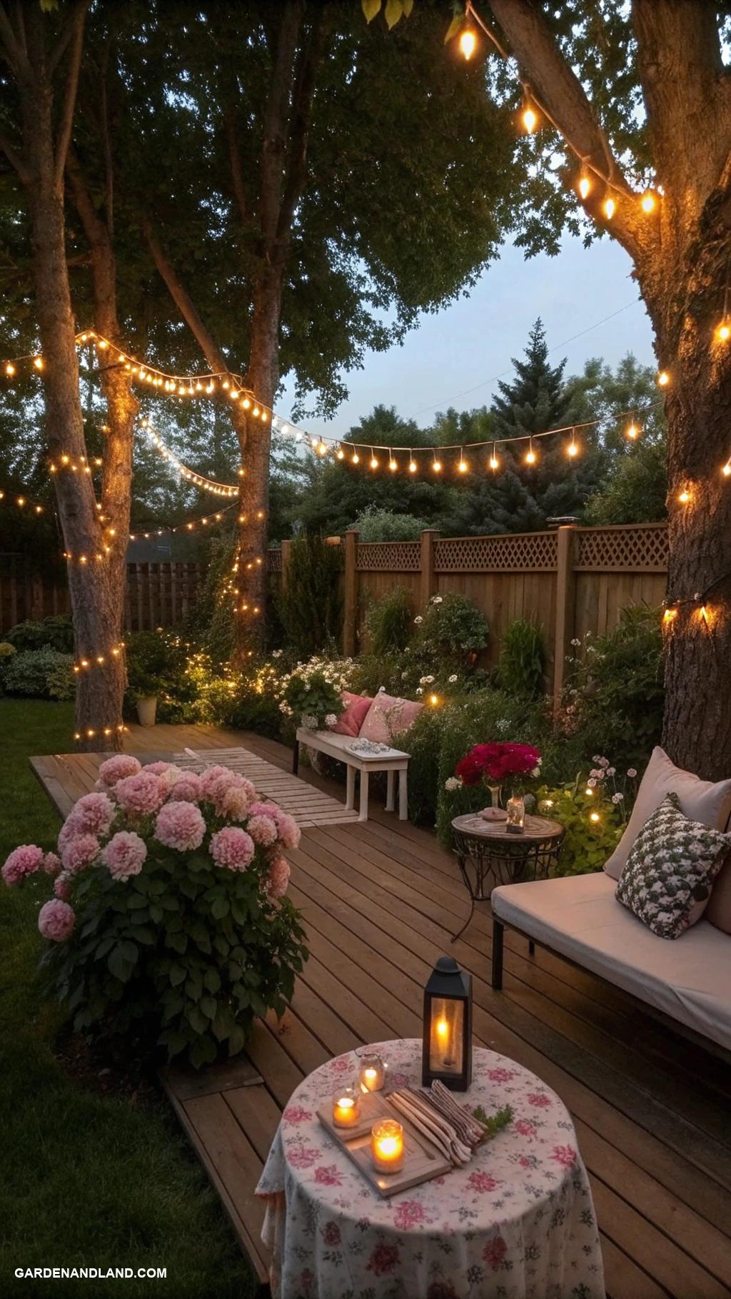 cheap backyard ideas Hang fairy lights for a magical ambiance
