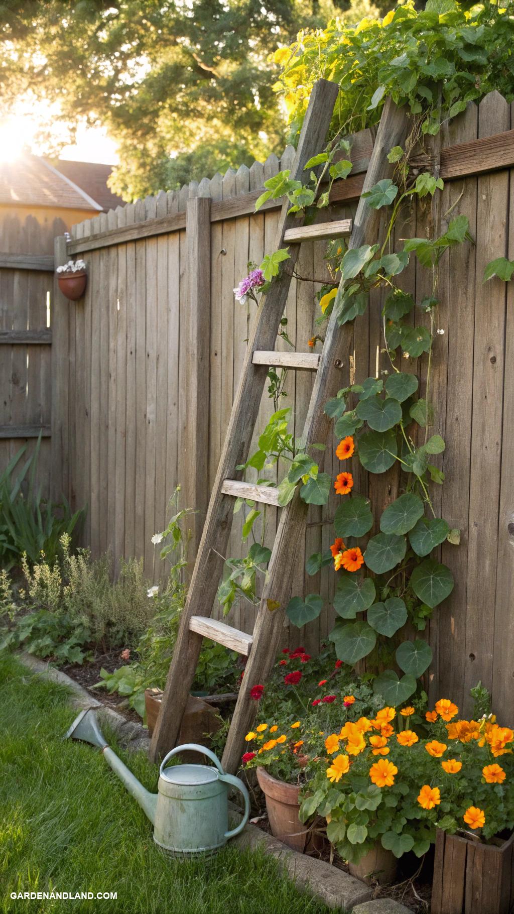 cheap backyard ideas Transform an old ladder into a trellis