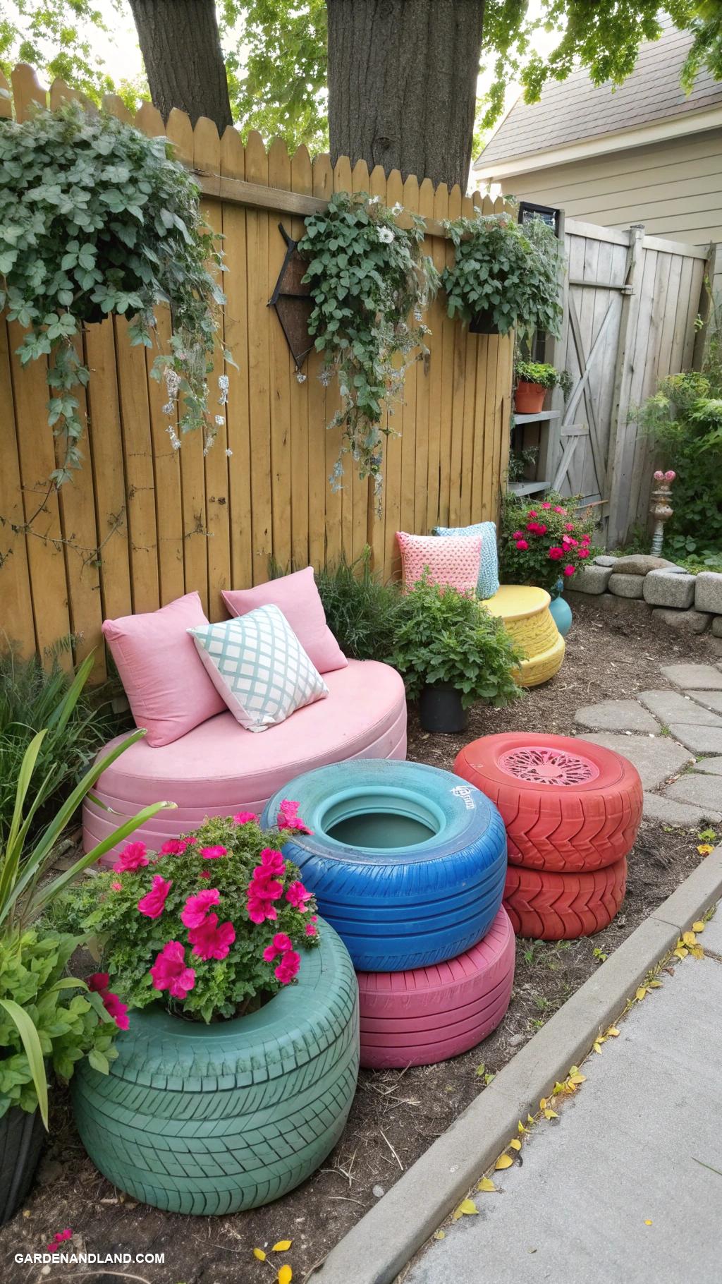 cheap backyard ideas Use tires for planters and seating
