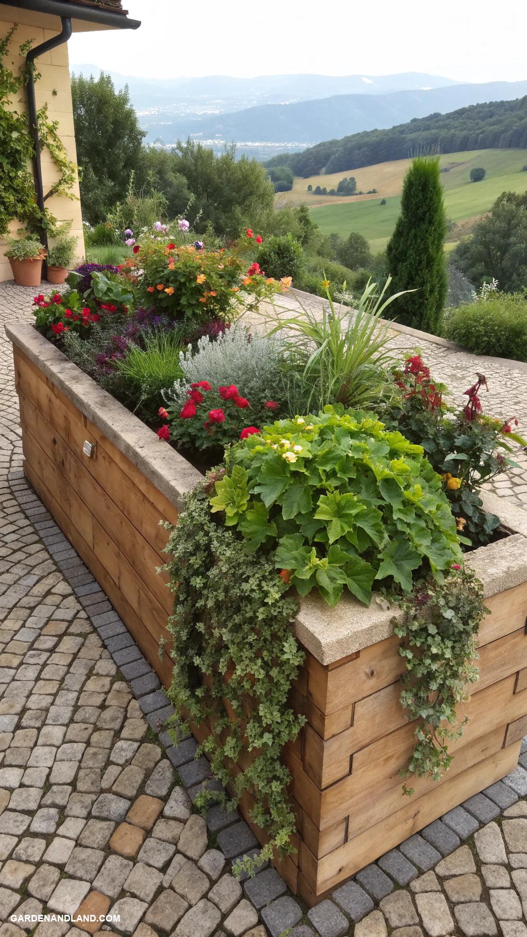 cobblestone edging ideas Integrated planter boxes with cobblestone edging