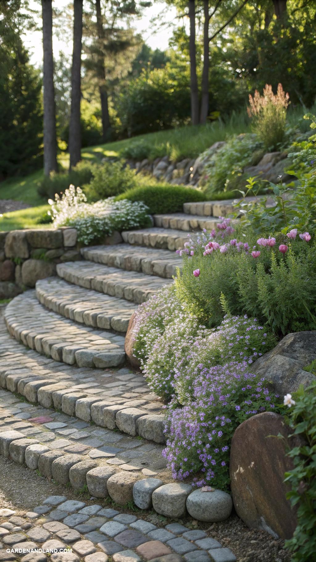 cobblestone edging ideas Layered cobblestone steps for visual interest
