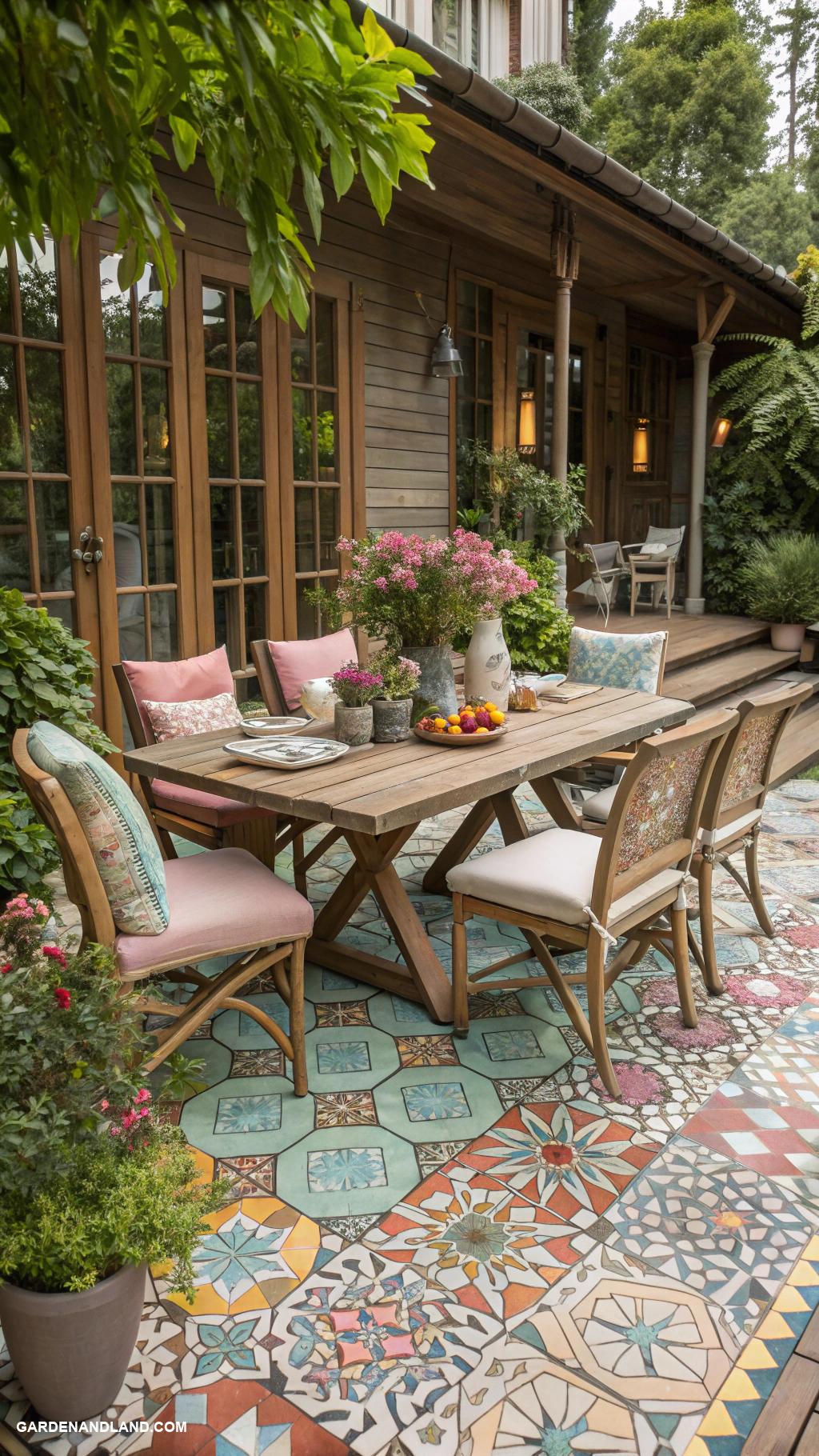 deck ideas off back of house Colorful mosaic tile outdoor dining space