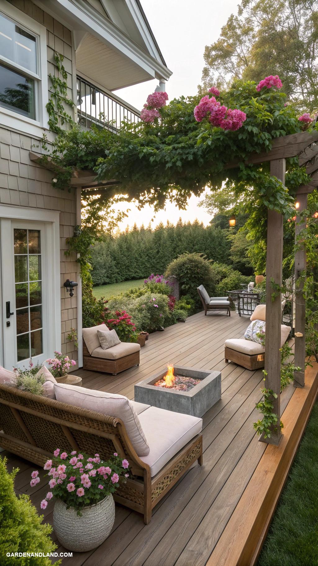 deck ideas off back of house Deck with integrated fire pit and lounge