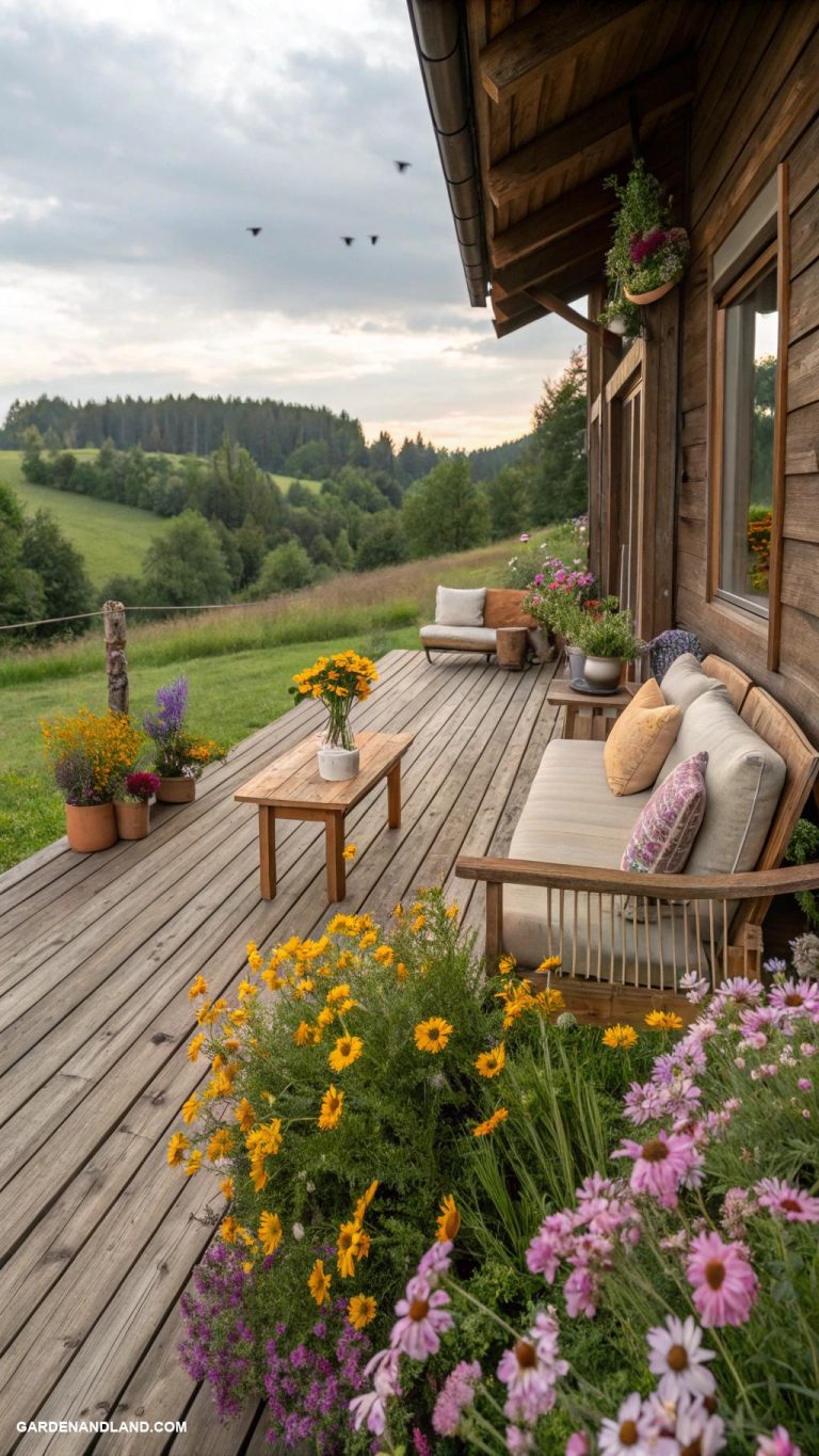 deck ideas off back of house Rustic wooden deck surrounded by wildflowers