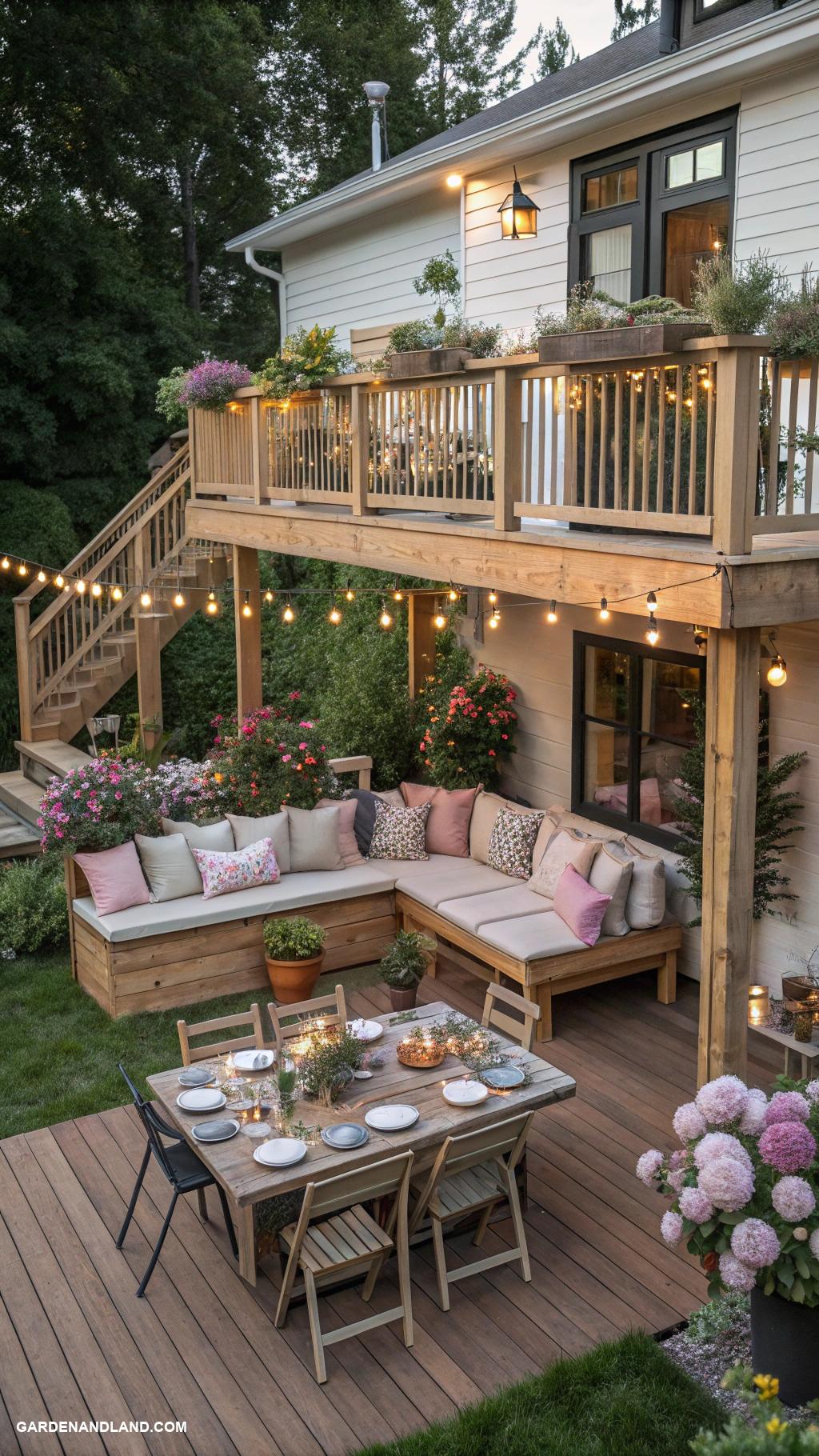 deck ideas off back of house Tiered deck with built in seating areas