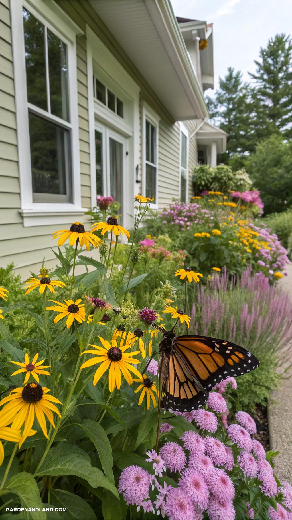 flower beds along house edge Butterfly garden with nectar rich plants