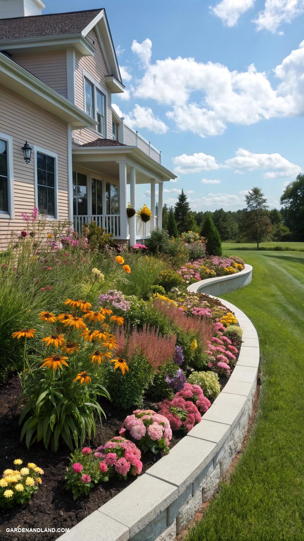 flower beds along house edge Curved borders with colorful perennials