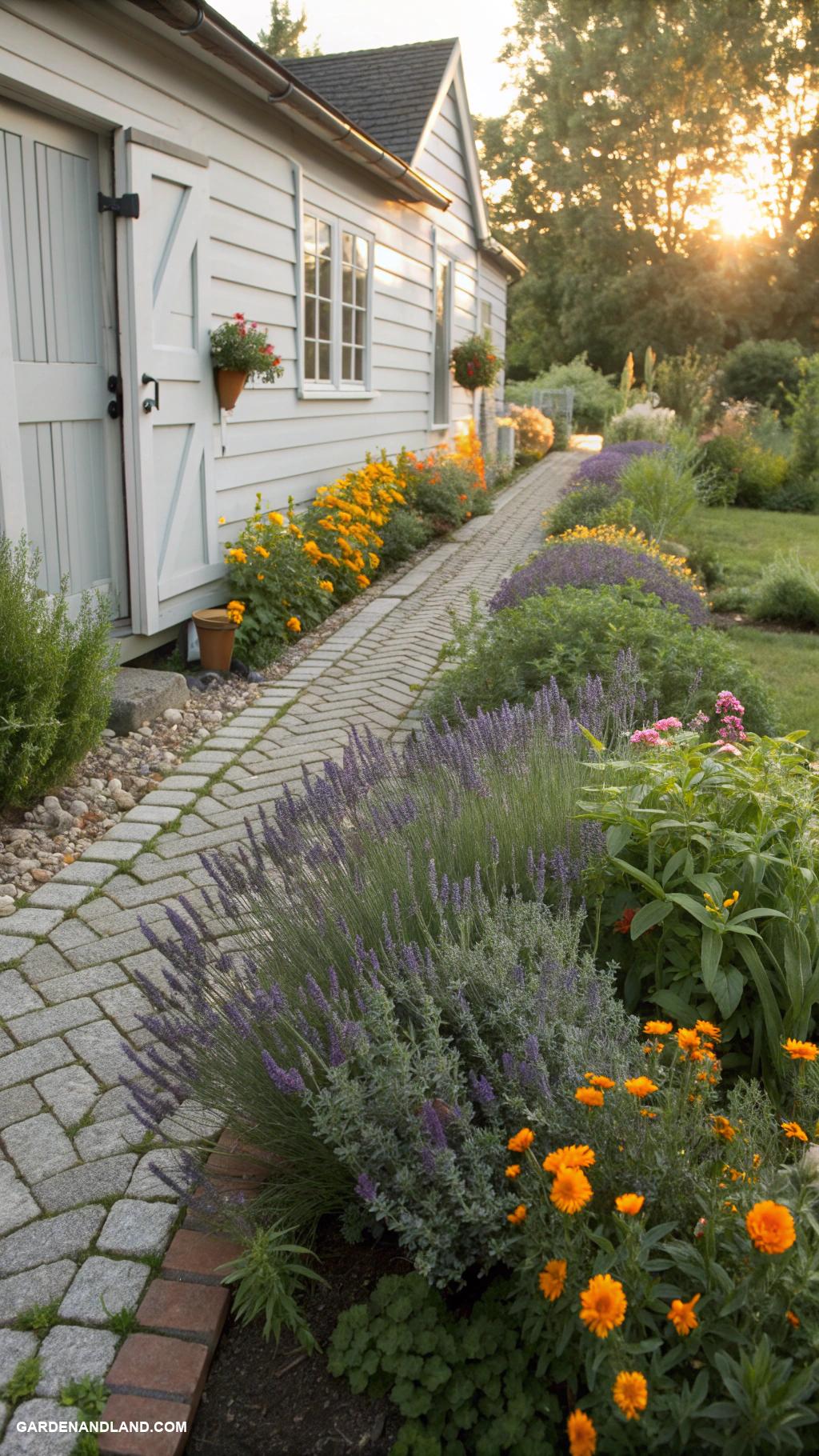 flower beds along house edge Fragrant herb border for kitchen access