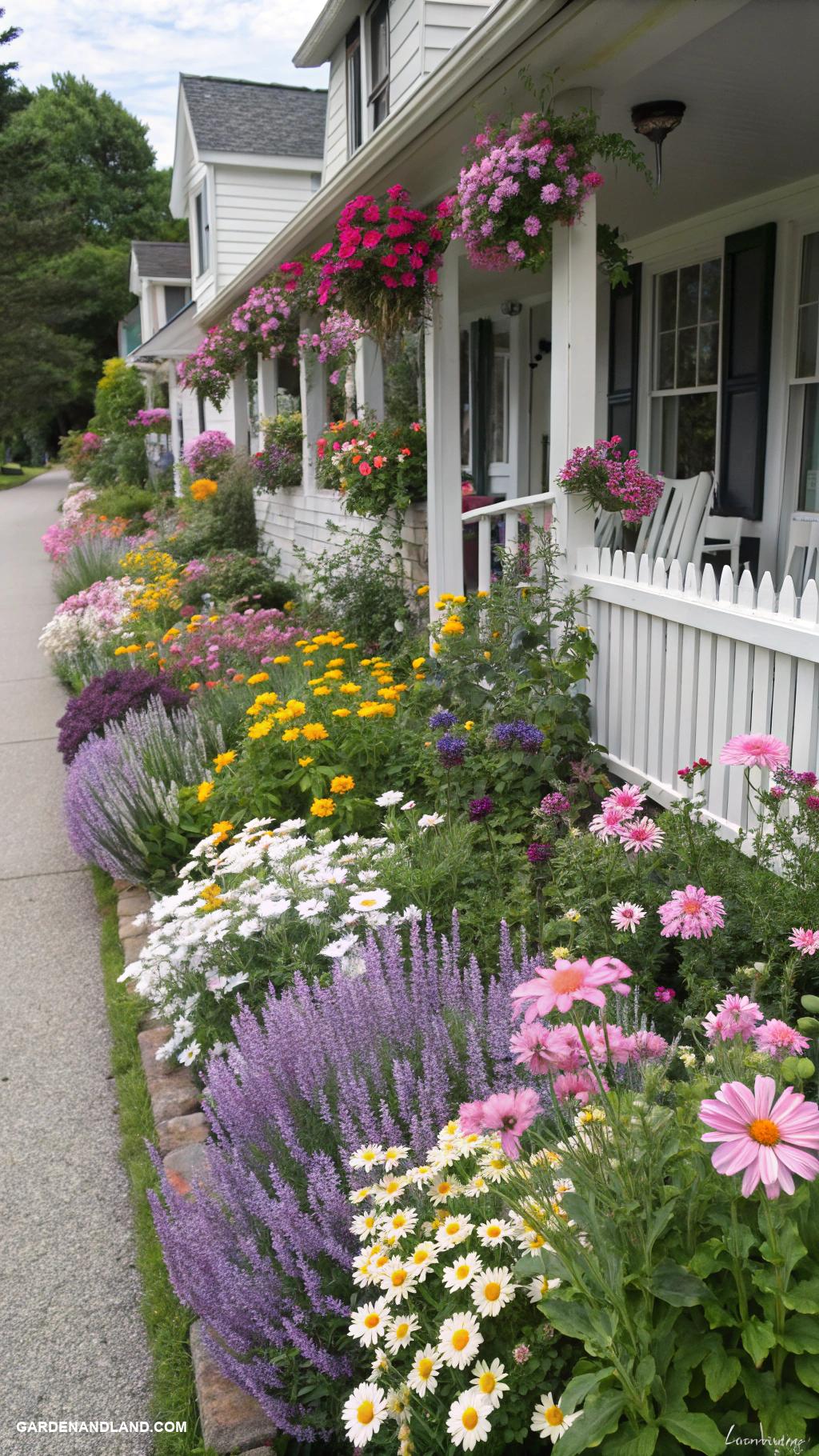 flower beds along house edge Layered blooms for year round color