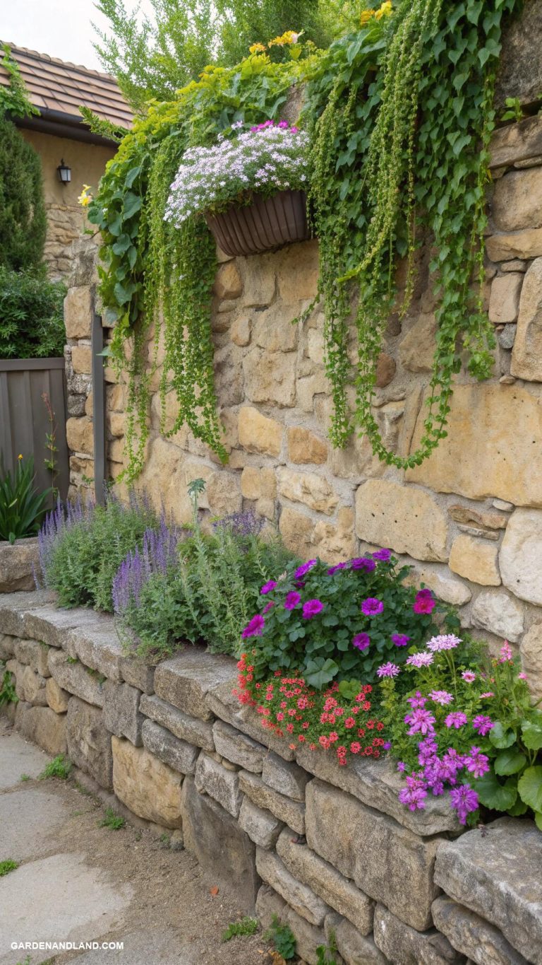 flower beds along house edge Natural stone wall with cascading plants