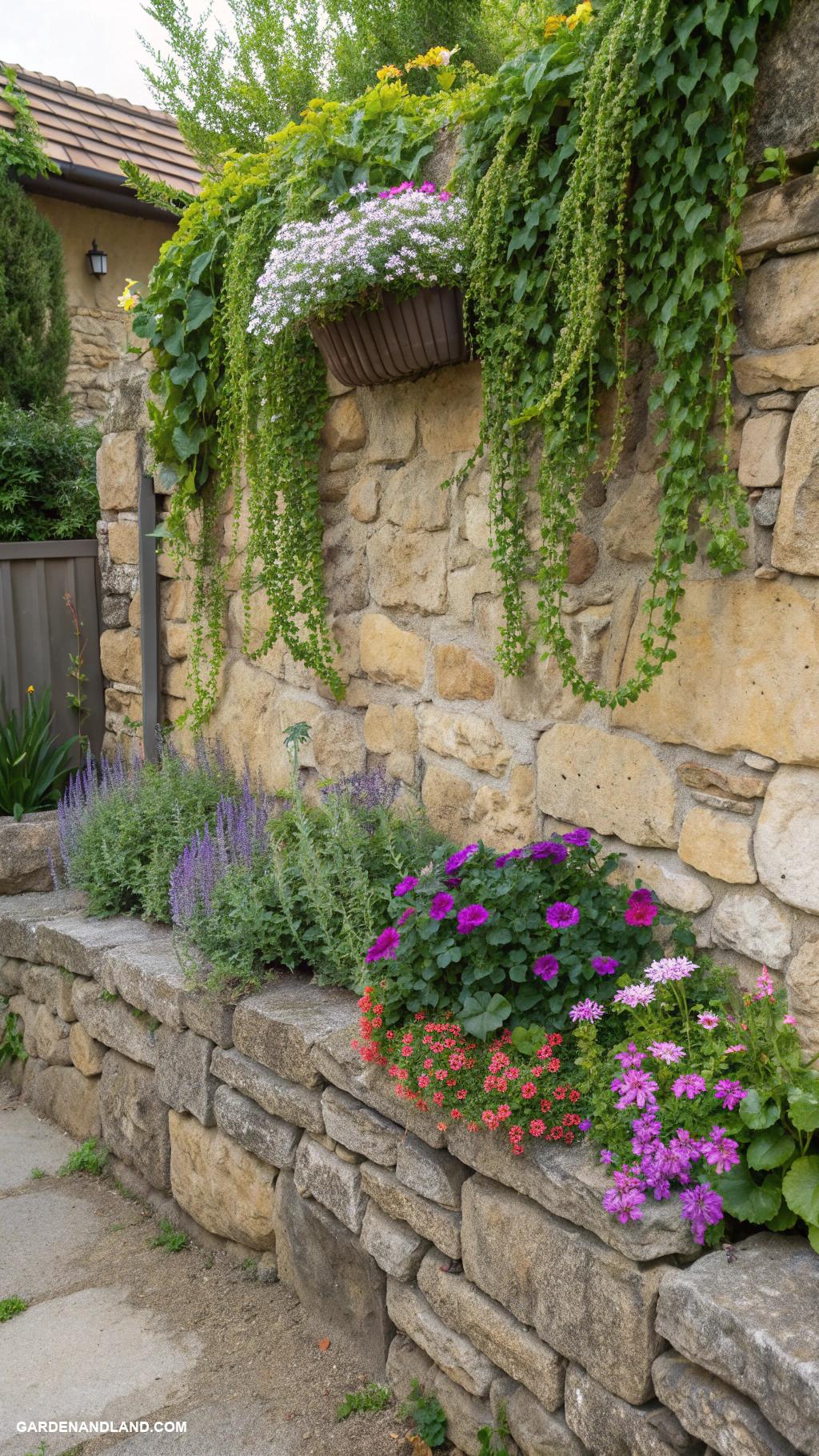 flower beds along house edge Natural stone wall with cascading plants
