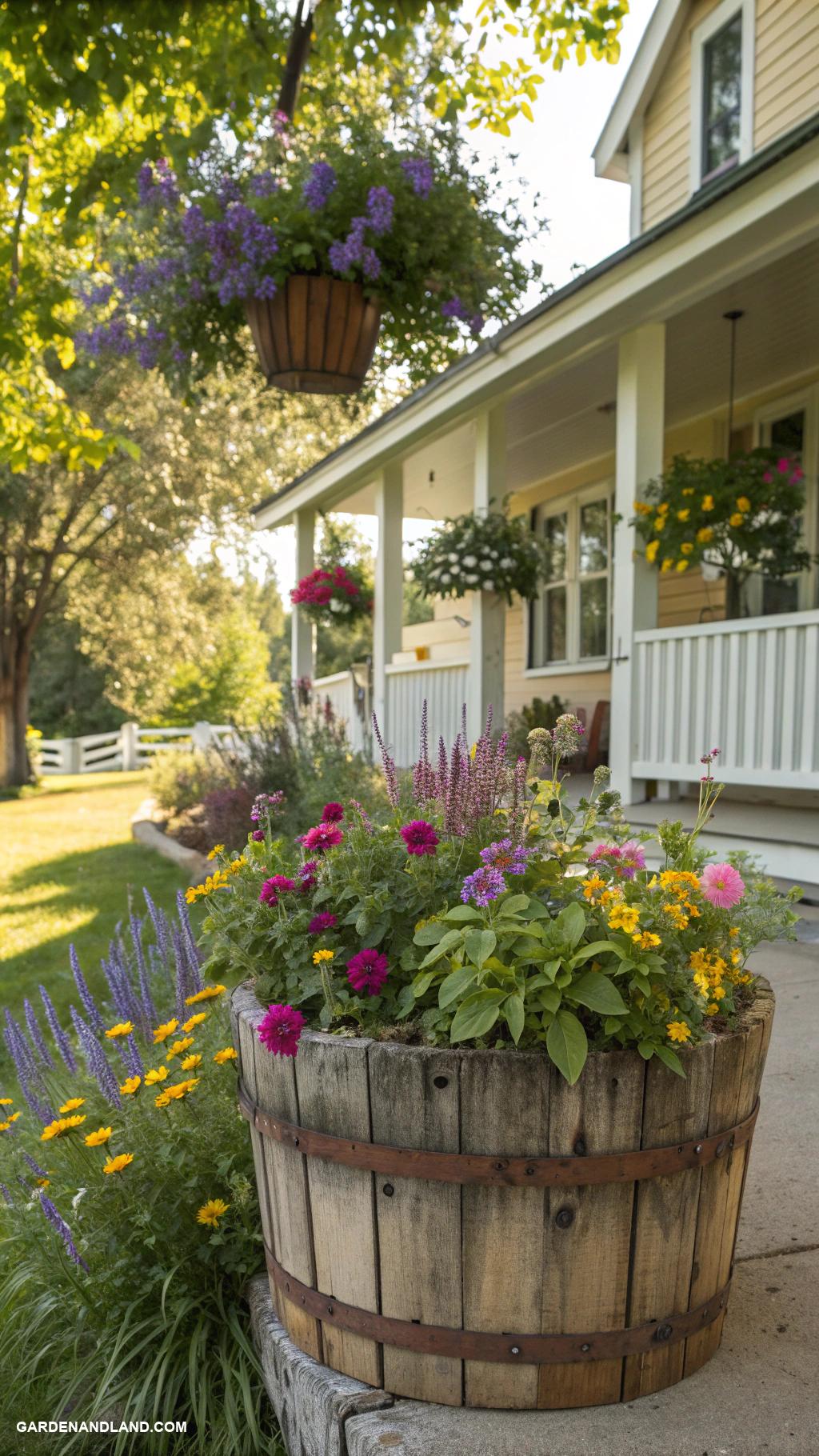 flower beds along house edge Rustic wooden planters filled with wildflowers