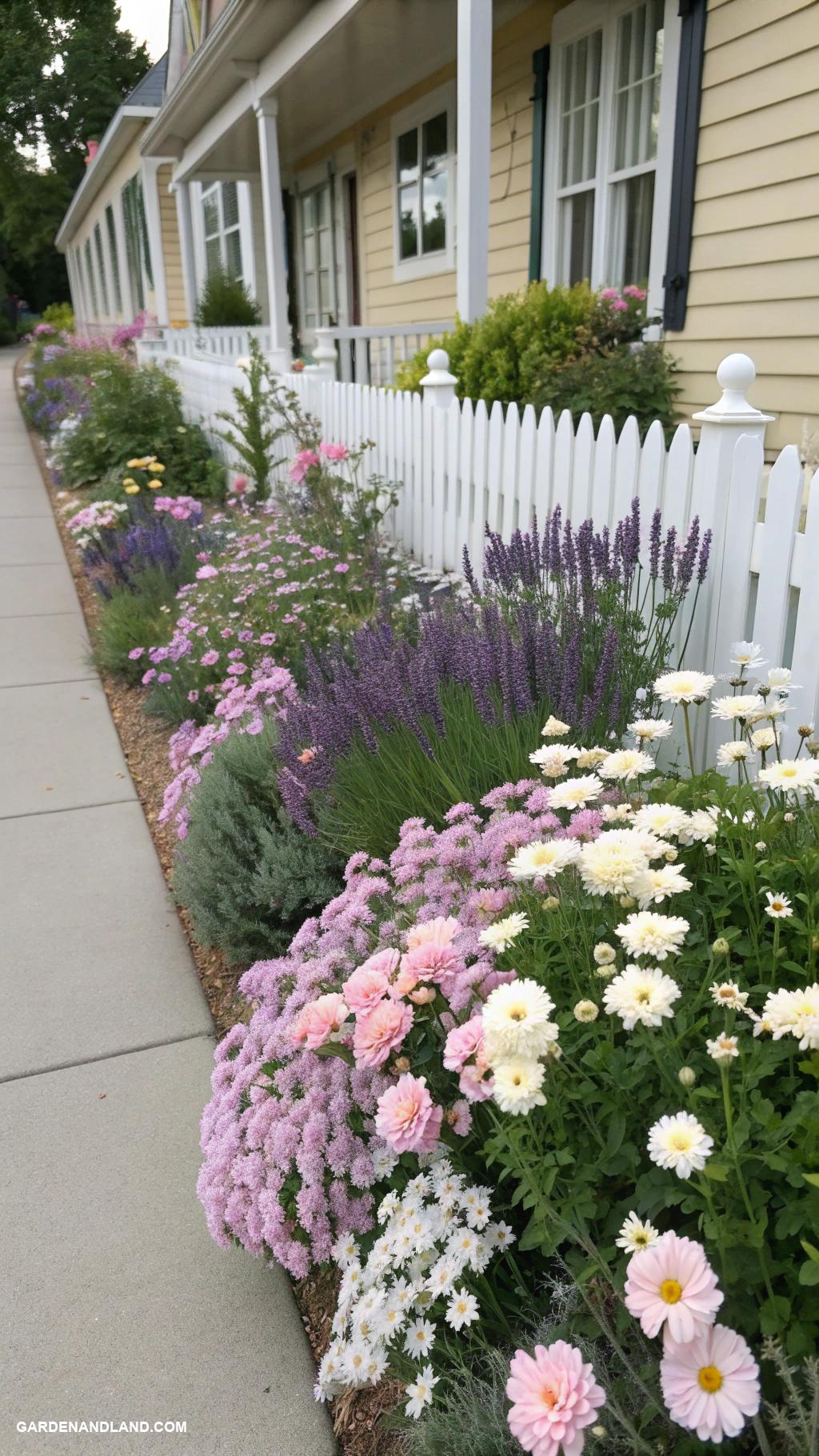flower beds along house edge Themed color palette flower arrangements