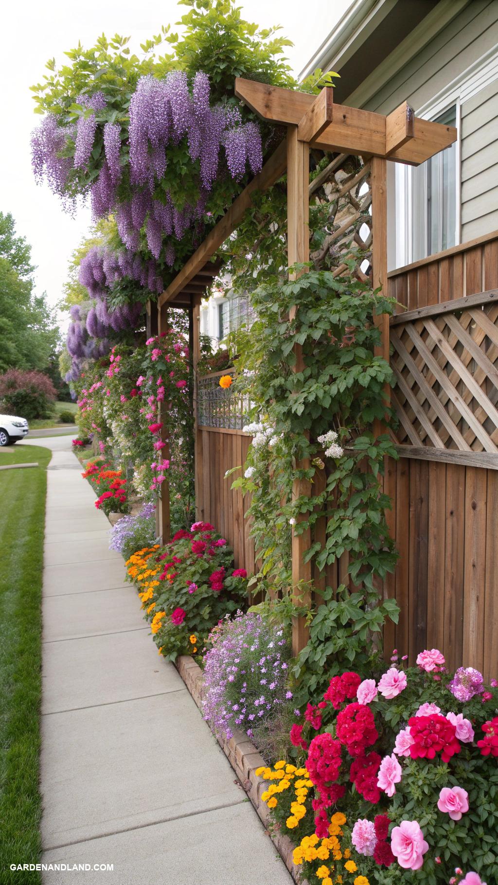 flower beds along house edge Vertical garden with climbing flowers