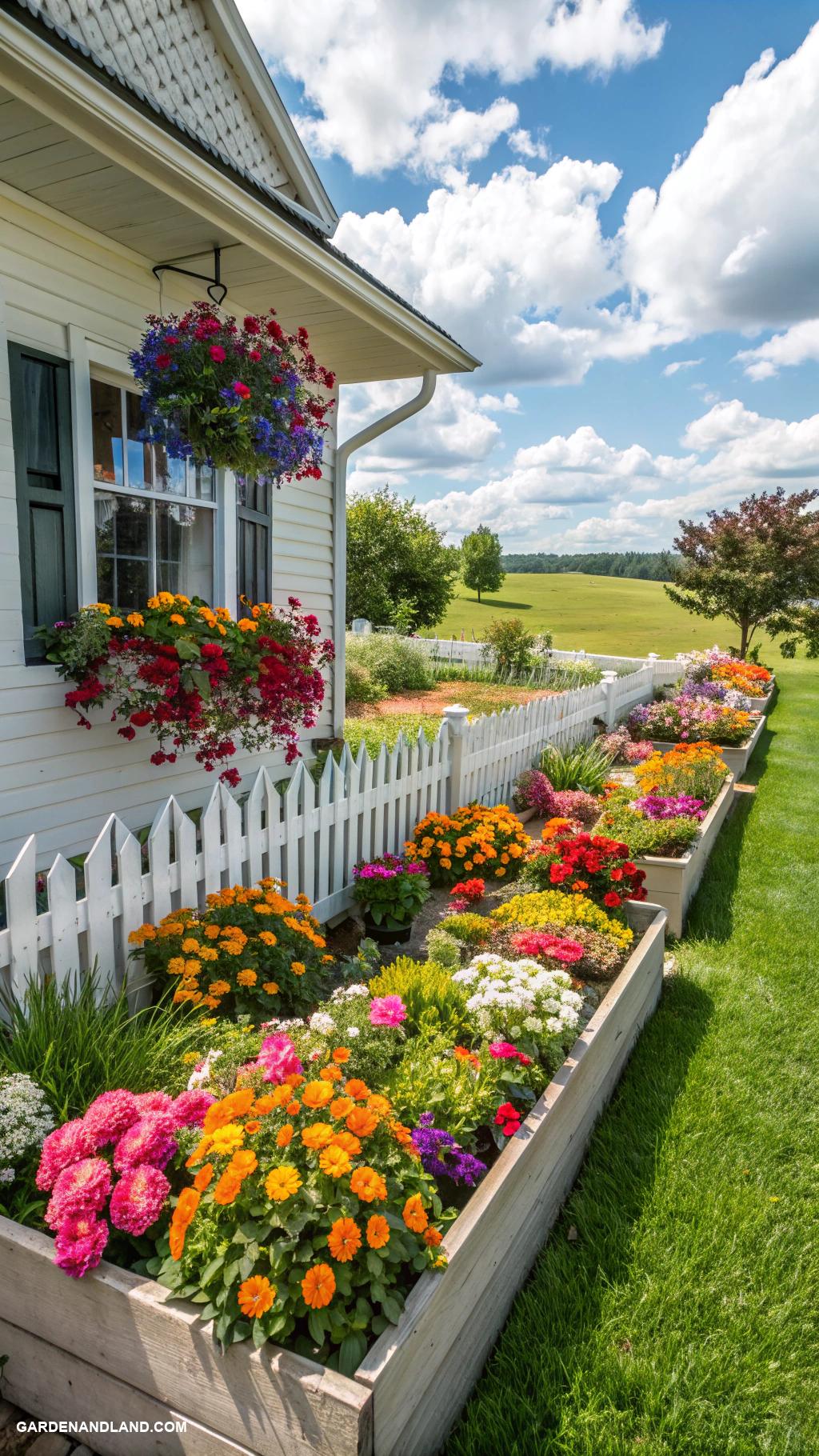 flower beds in front of house Colorful raised beds with mixed annuals