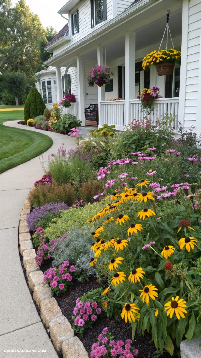 flower beds in front of house Curved borders with native perennials