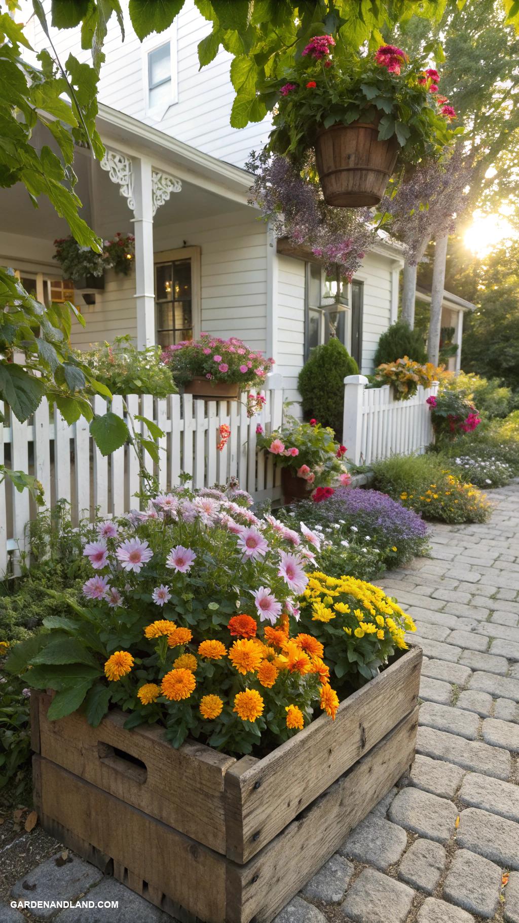 flower beds in front of house Rustic wooden crates filled with seasonal blooms
