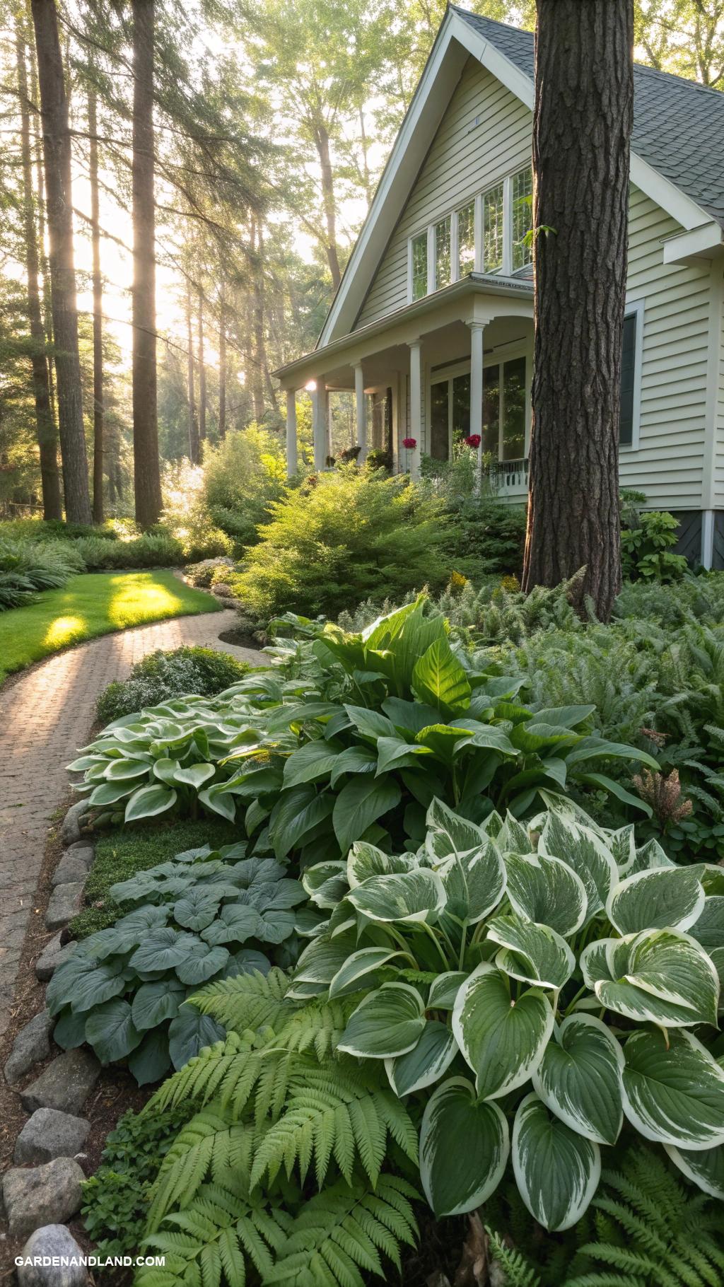 flower beds in front of house Shade garden using hostas and ferns