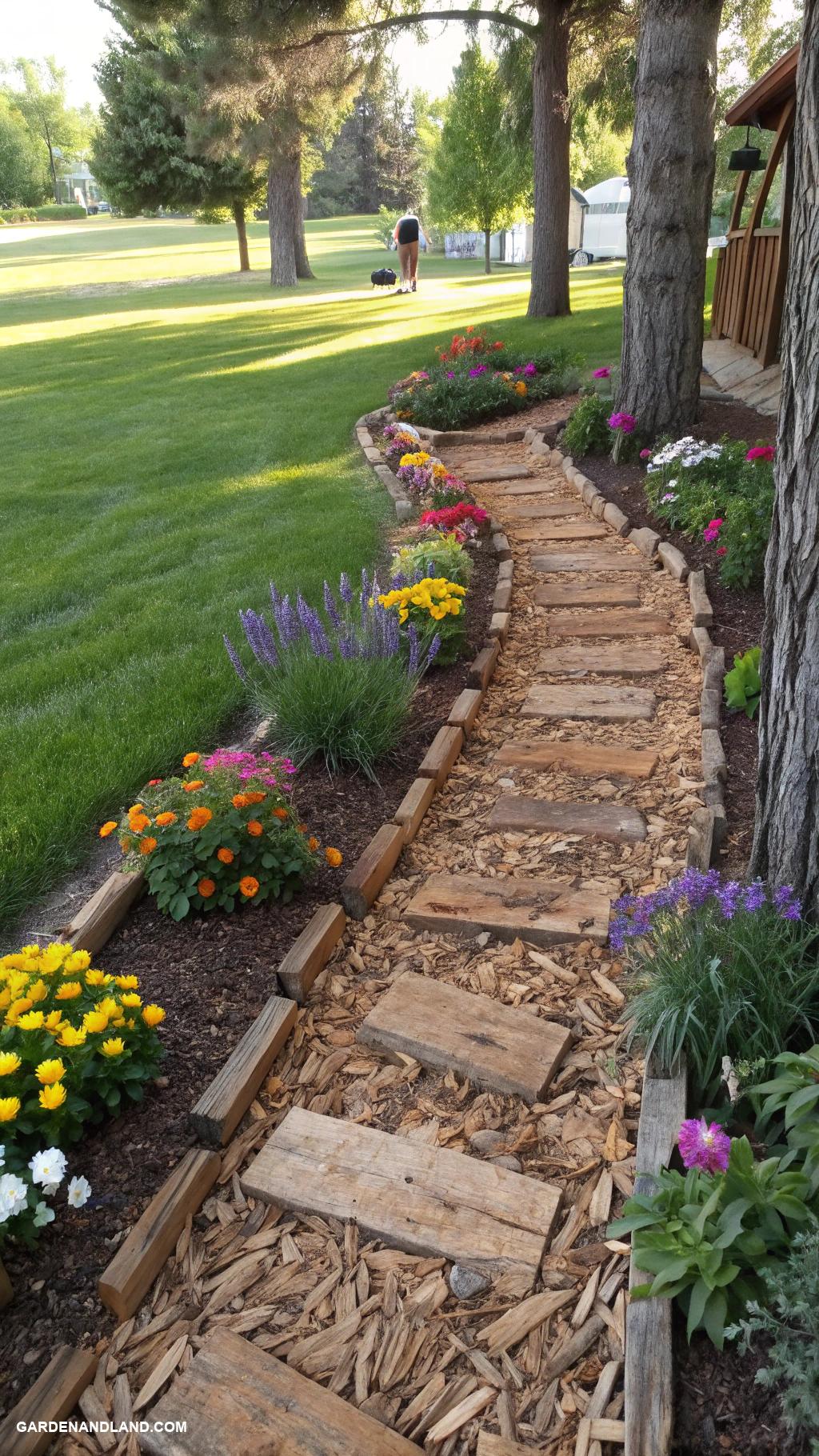 front yard walkway ideas Cascading wood chips with logs