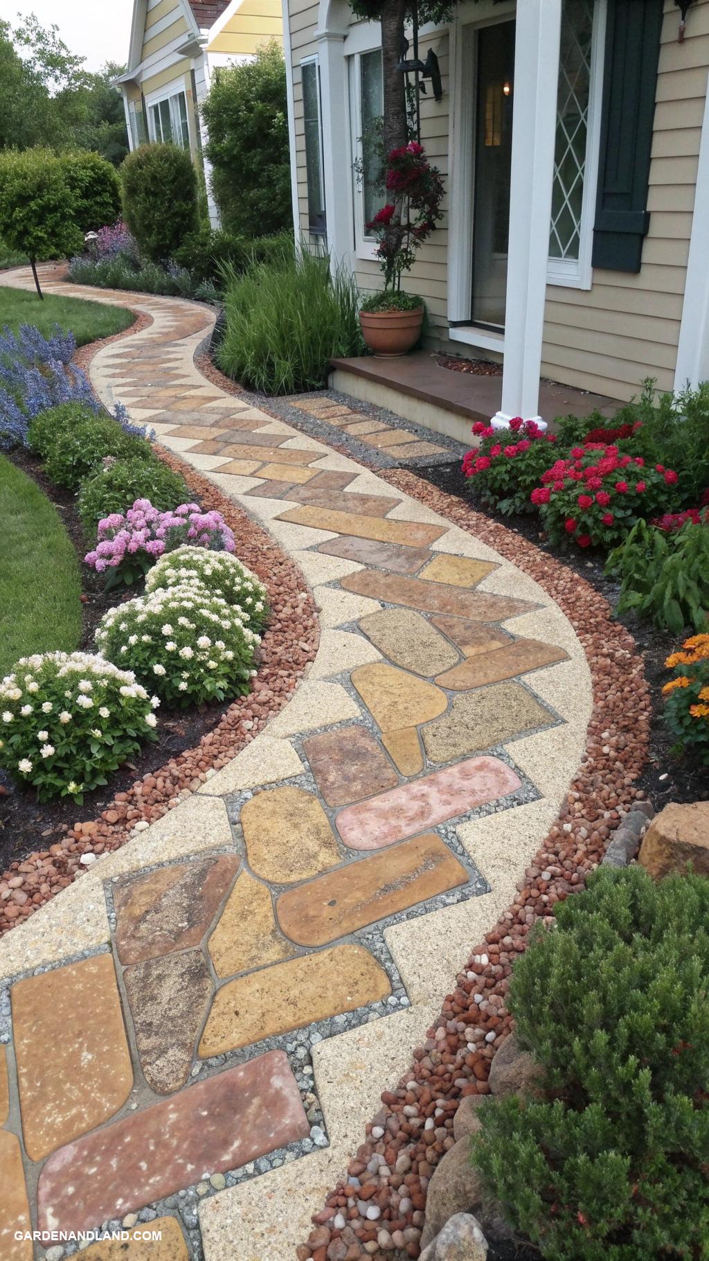 front yard walkway ideas Colored gravel zigzag design