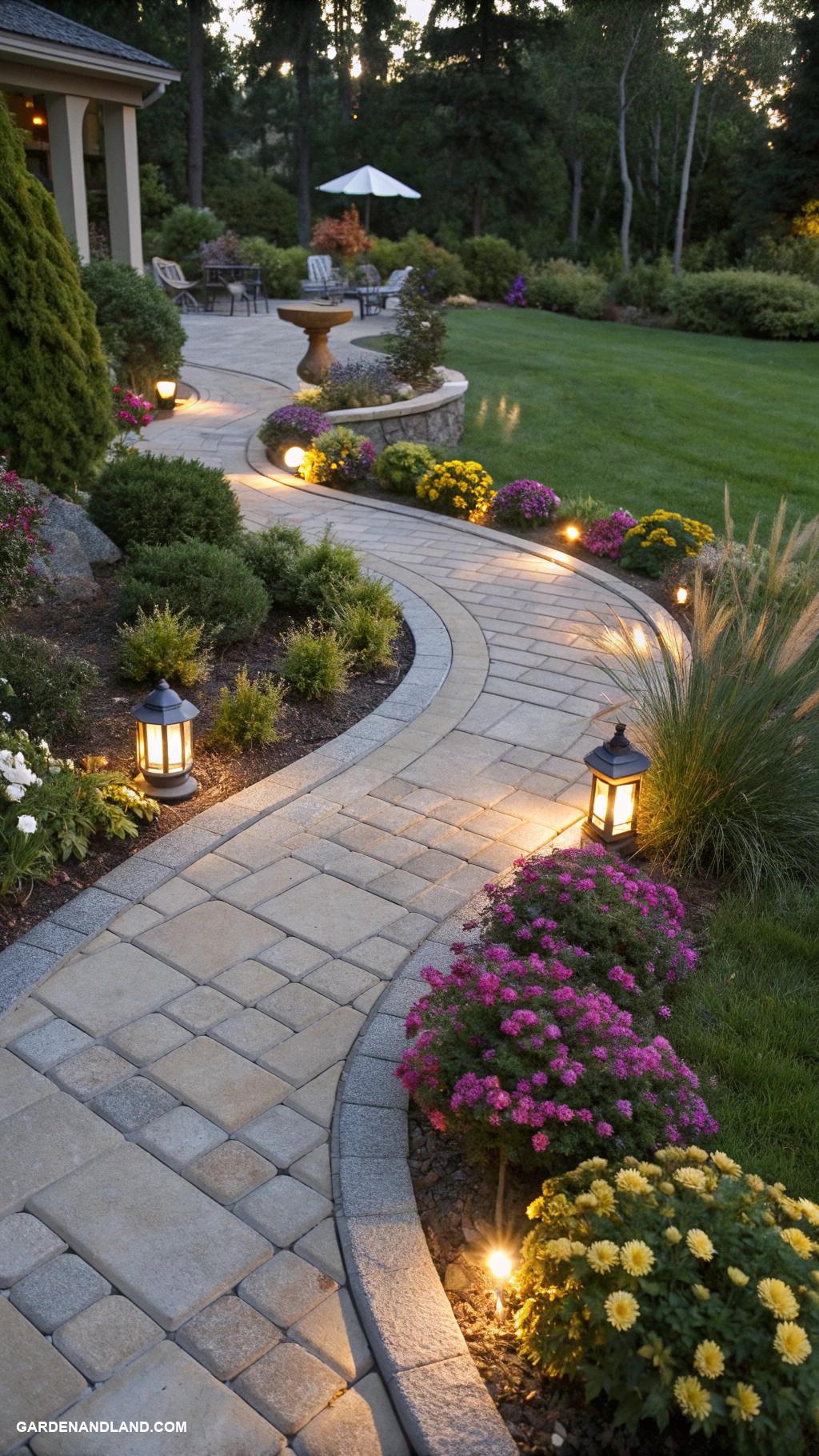 front yard walkway ideas Curved pathway with solar lights