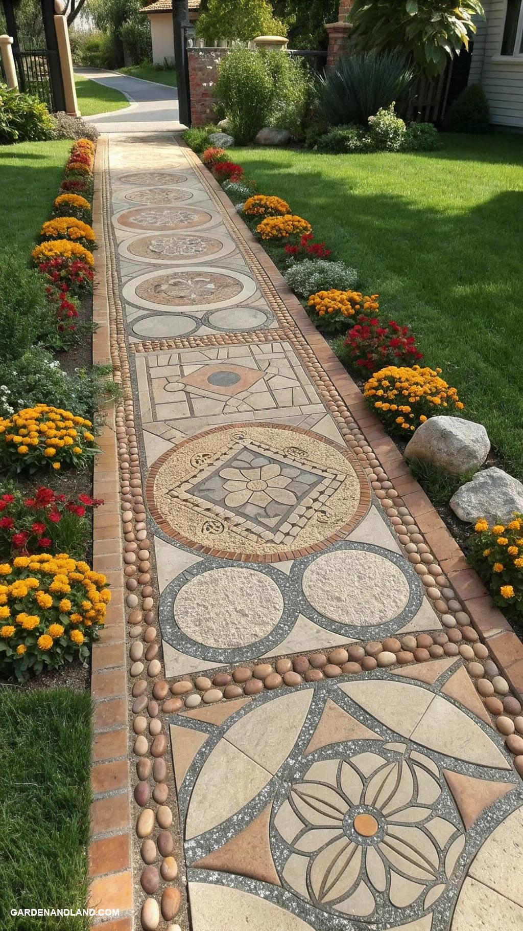 front yard walkway ideas Pebble mosaic patterns