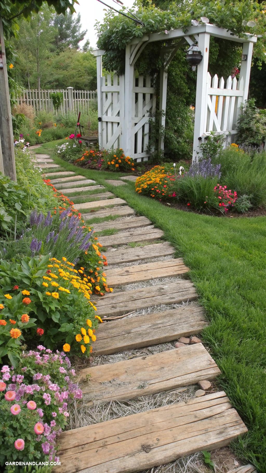 front yard walkway ideas Recycled wood plank path