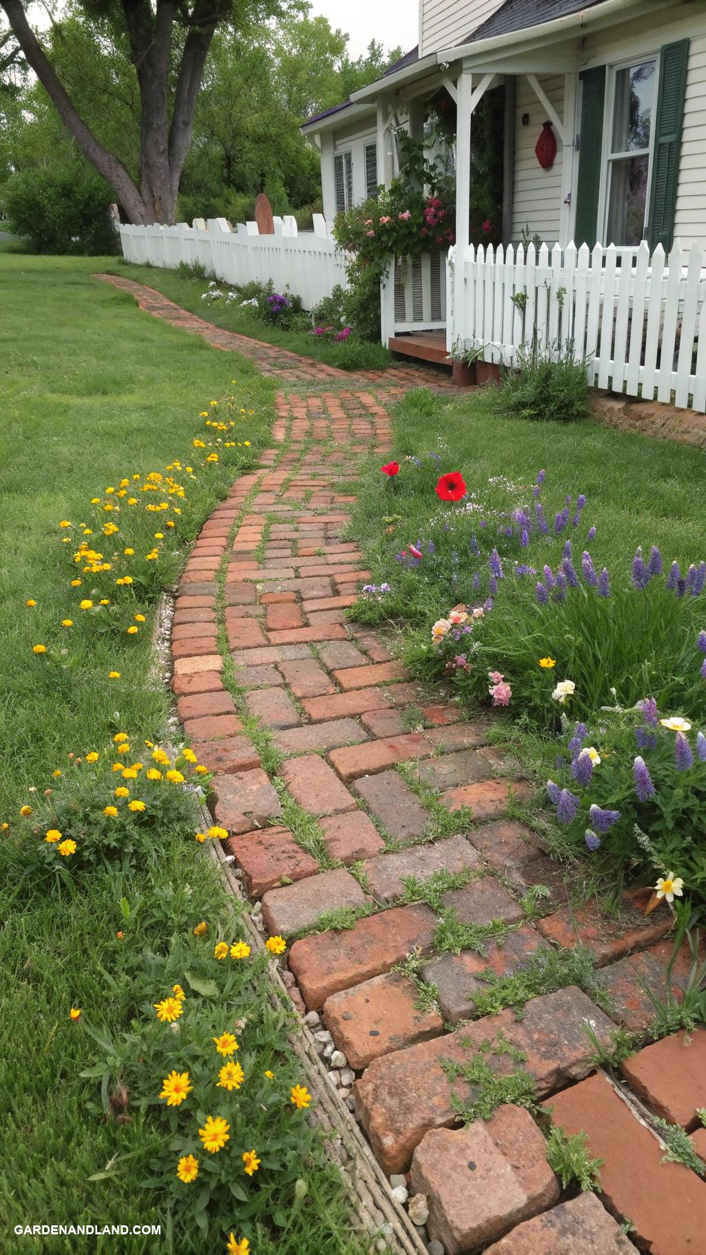 front yard walkway ideas Rustic brick with wildflower gaps
