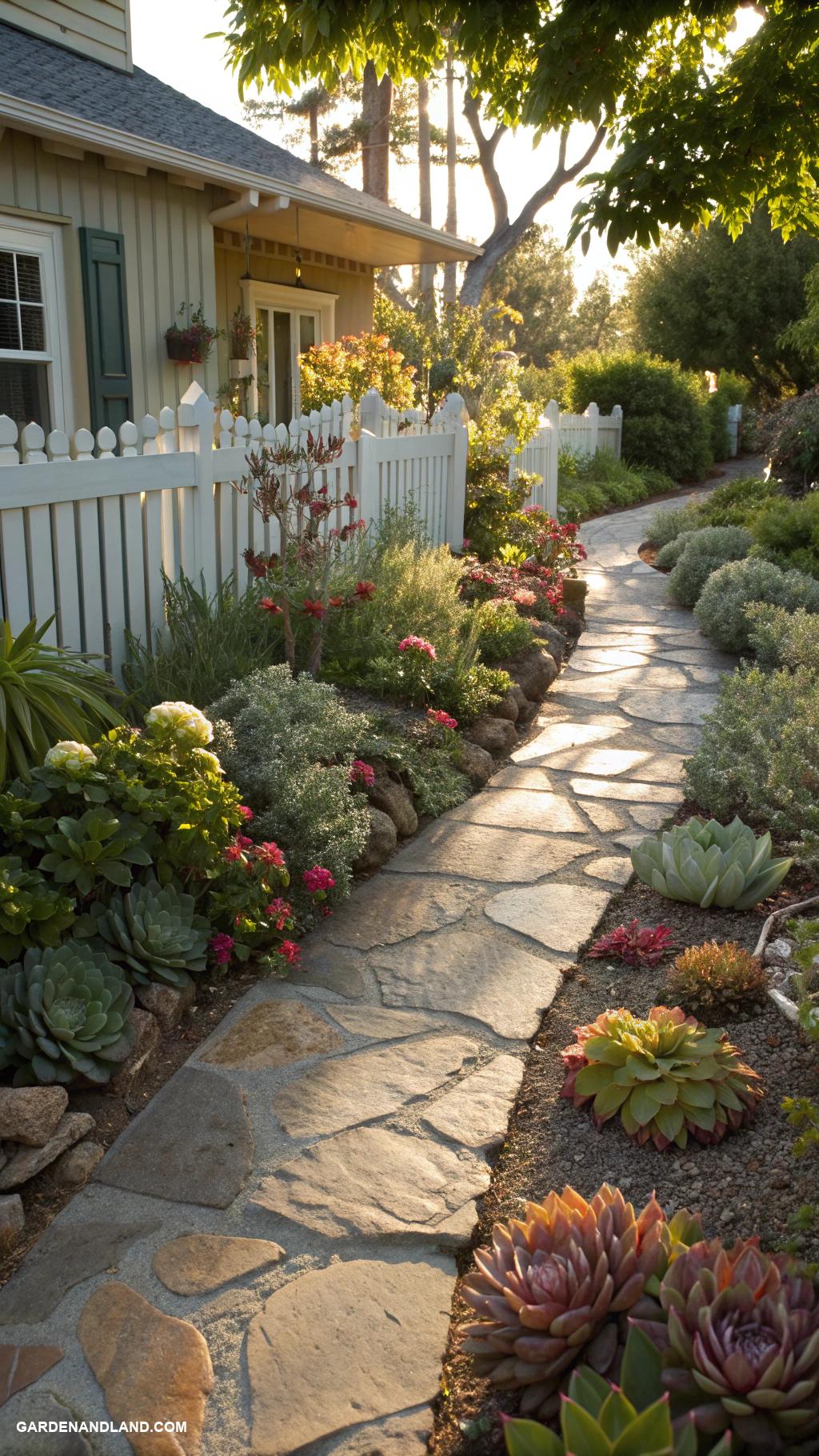 front yard walkway ideas Succulent lined stone walkway