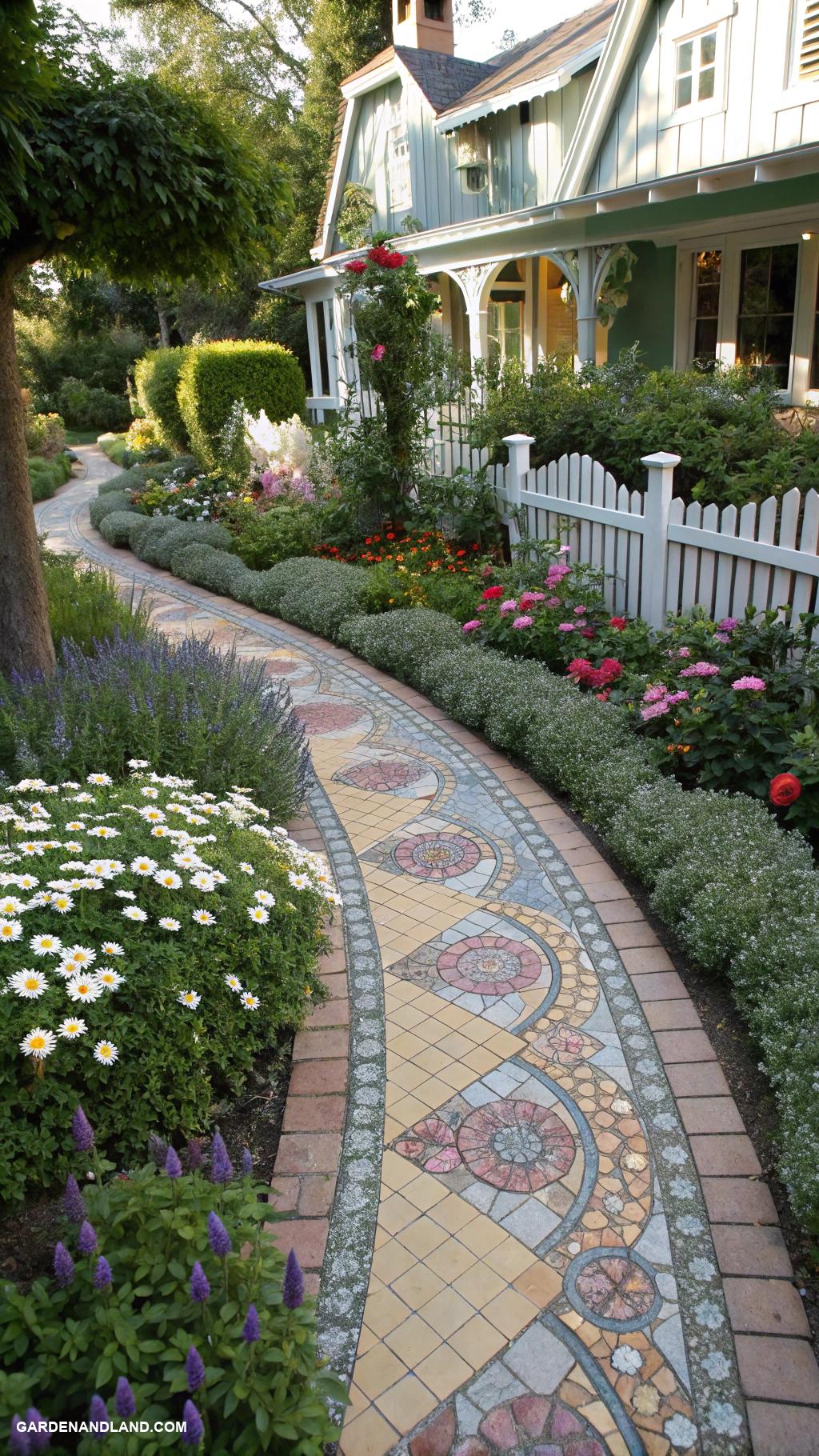 landscaping against house Colorful mosaic tiles for pathway decoration